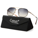 Sunglasses with gold frame and dark lenses on a Cyxus branded black case.