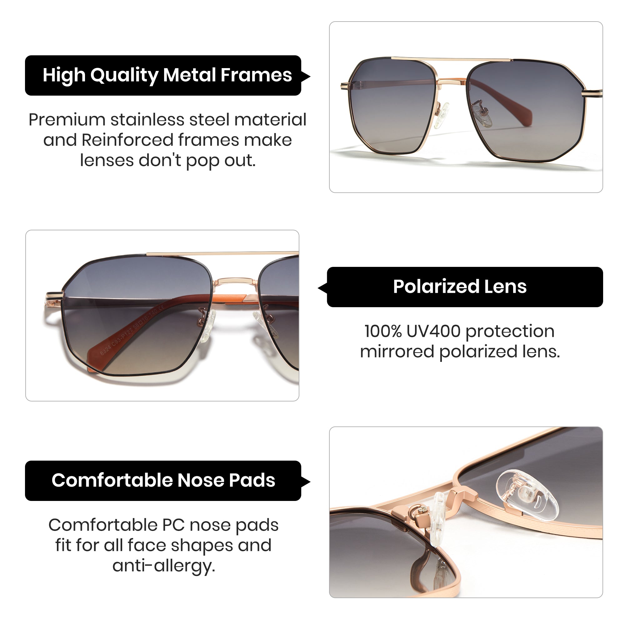 Cyxus Polarized Sunglasses P1021W06 with high-quality metal frames, polarized lenses, and comfortable nose pads on a white background.