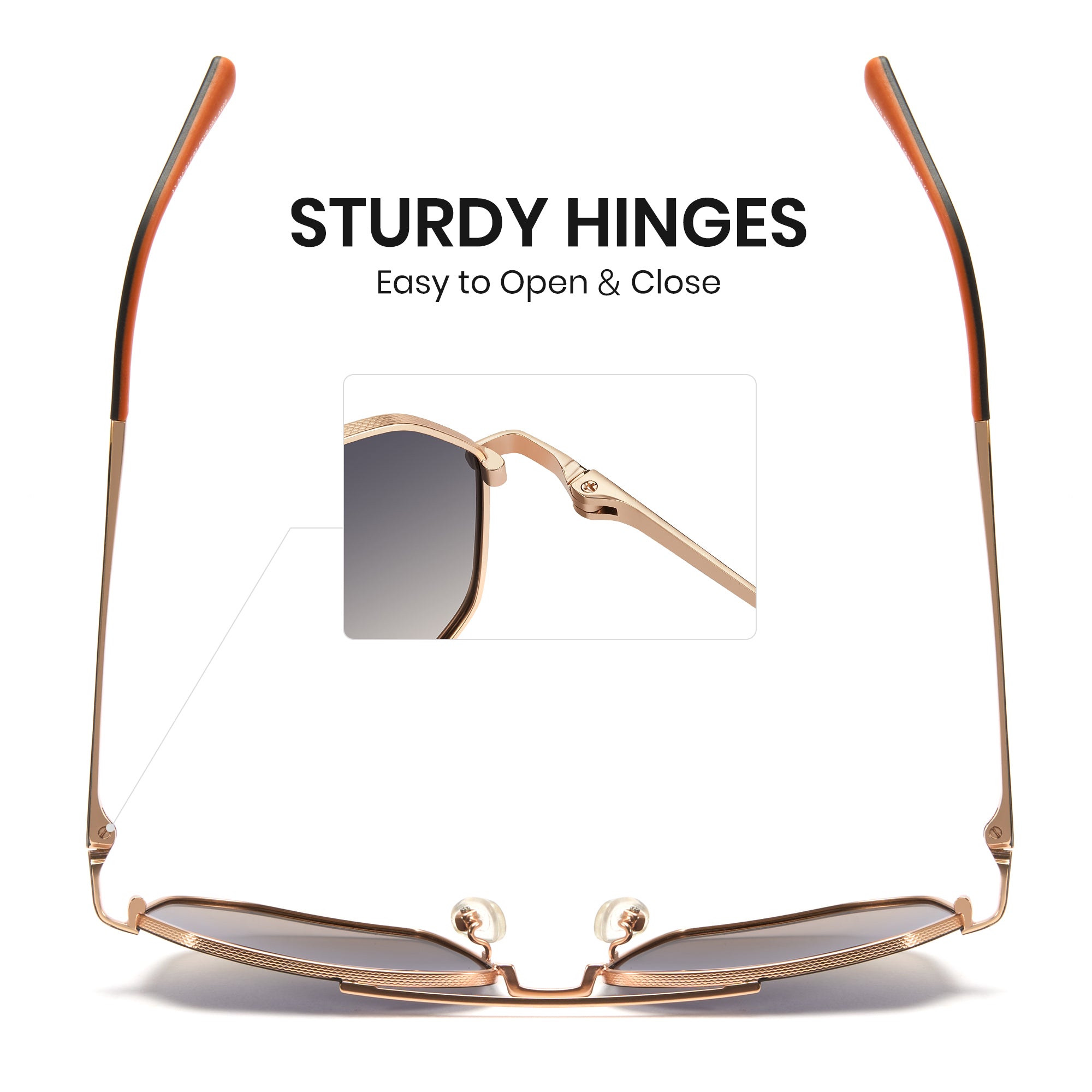 Cyxus Polarized Sunglasses P1021W06 with rose gold frame on a white background, highlighting 'Sturdy Hinges' feature.
