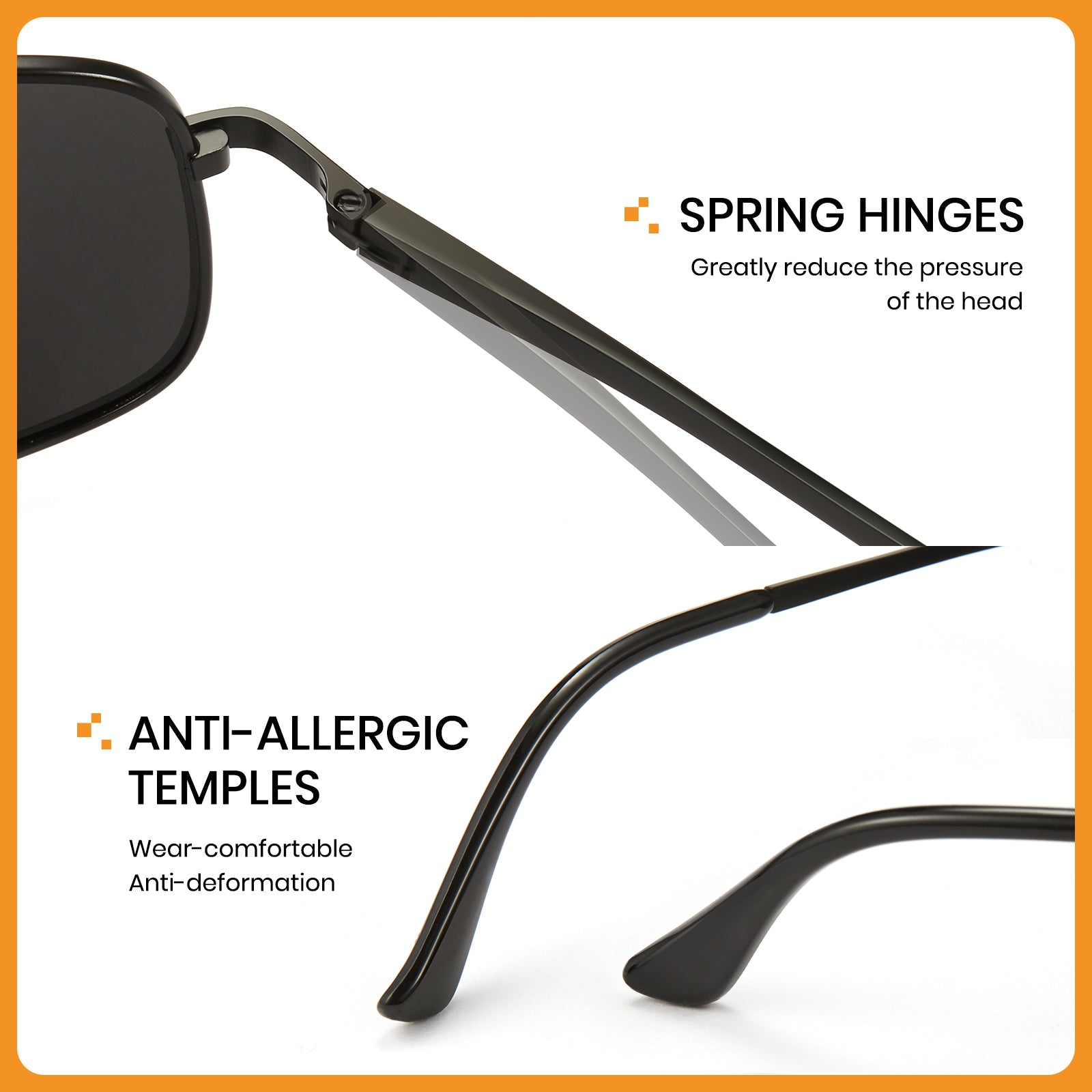 Sunglasses with spring hinges and anti-allergic temples on a white background