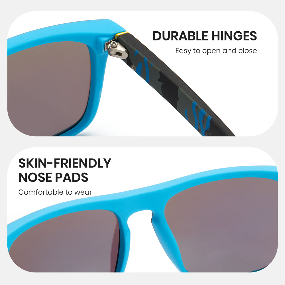 Blue sunglasses with text highlighting durable hinges and skin-friendly nose pads on a white background