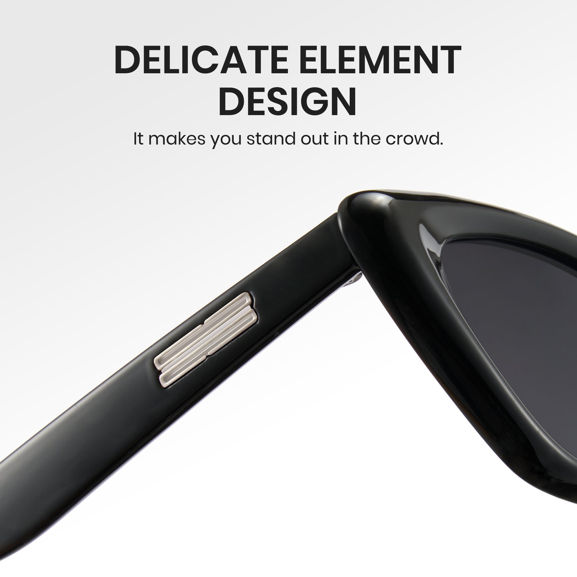 Black sunglasses with a close-up of the frame on a white background, featuring text about delicate element design.