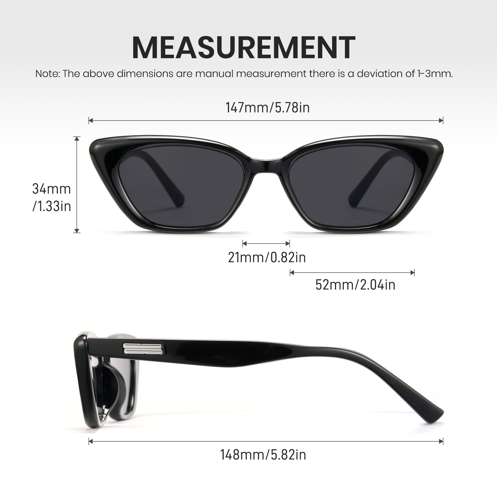 Black cat-eye sunglasses with measurements on a white background