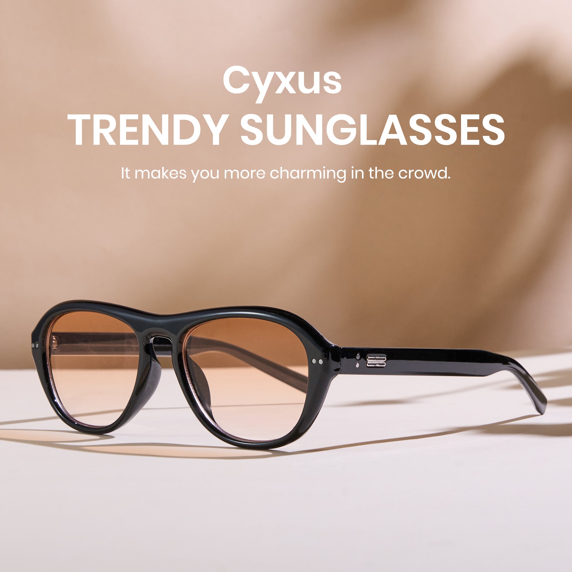 Black sunglasses with a blurred background and text about Cyxus sunglasses.