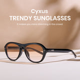 Black sunglasses with a blurred background and text about Cyxus sunglasses.