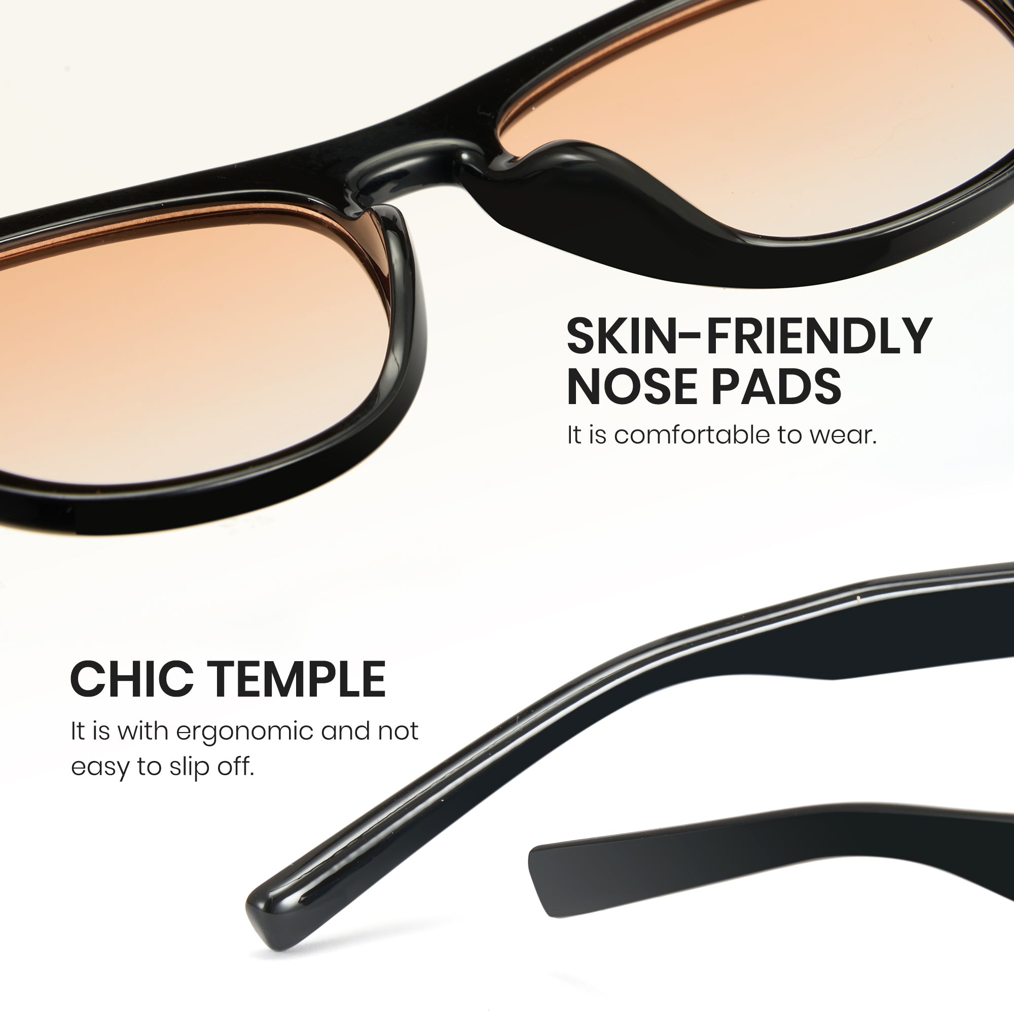 Sunglasses with skin-friendly nose pads and chic temple design on a white background