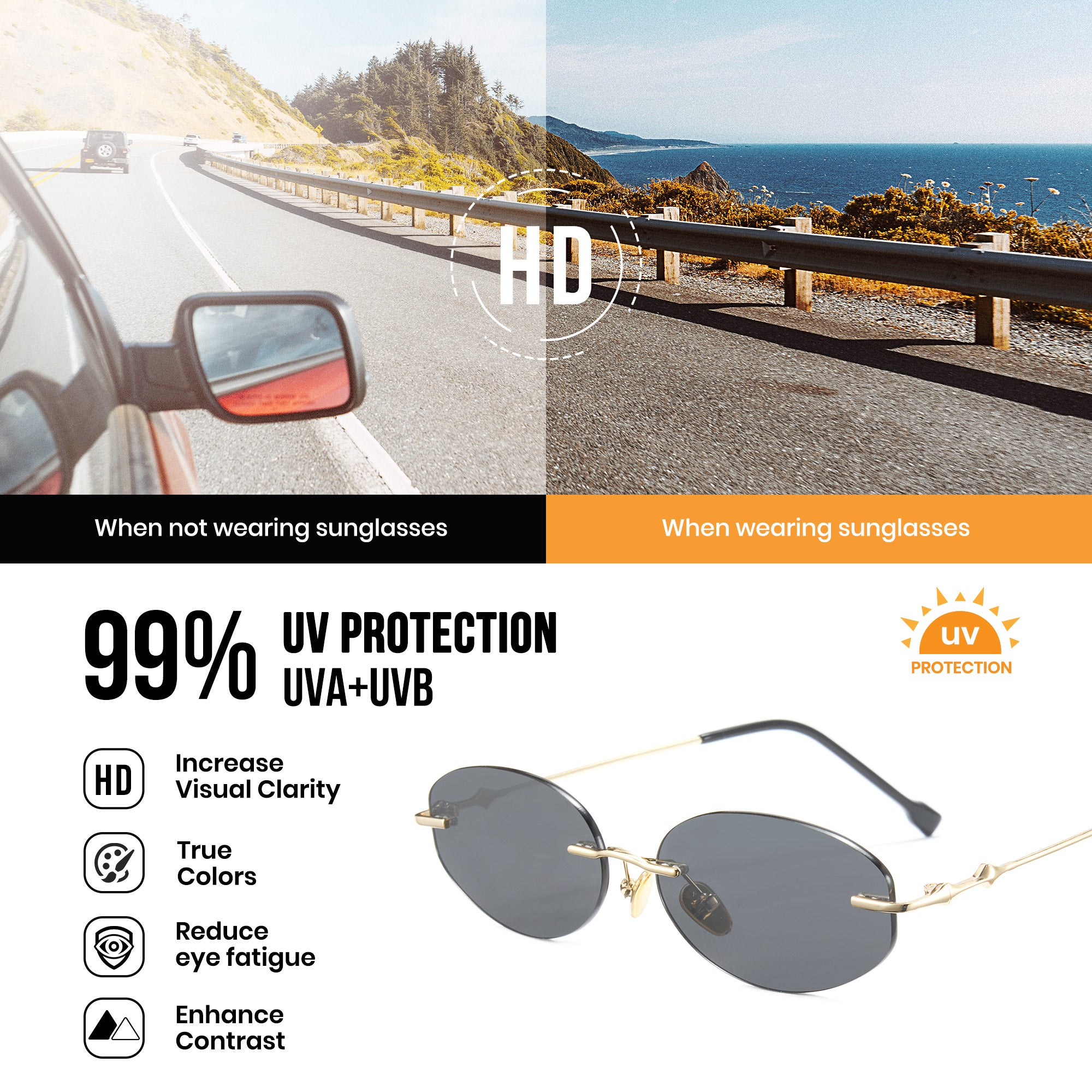Sunglasses with UV protection feature on a scenic road background
