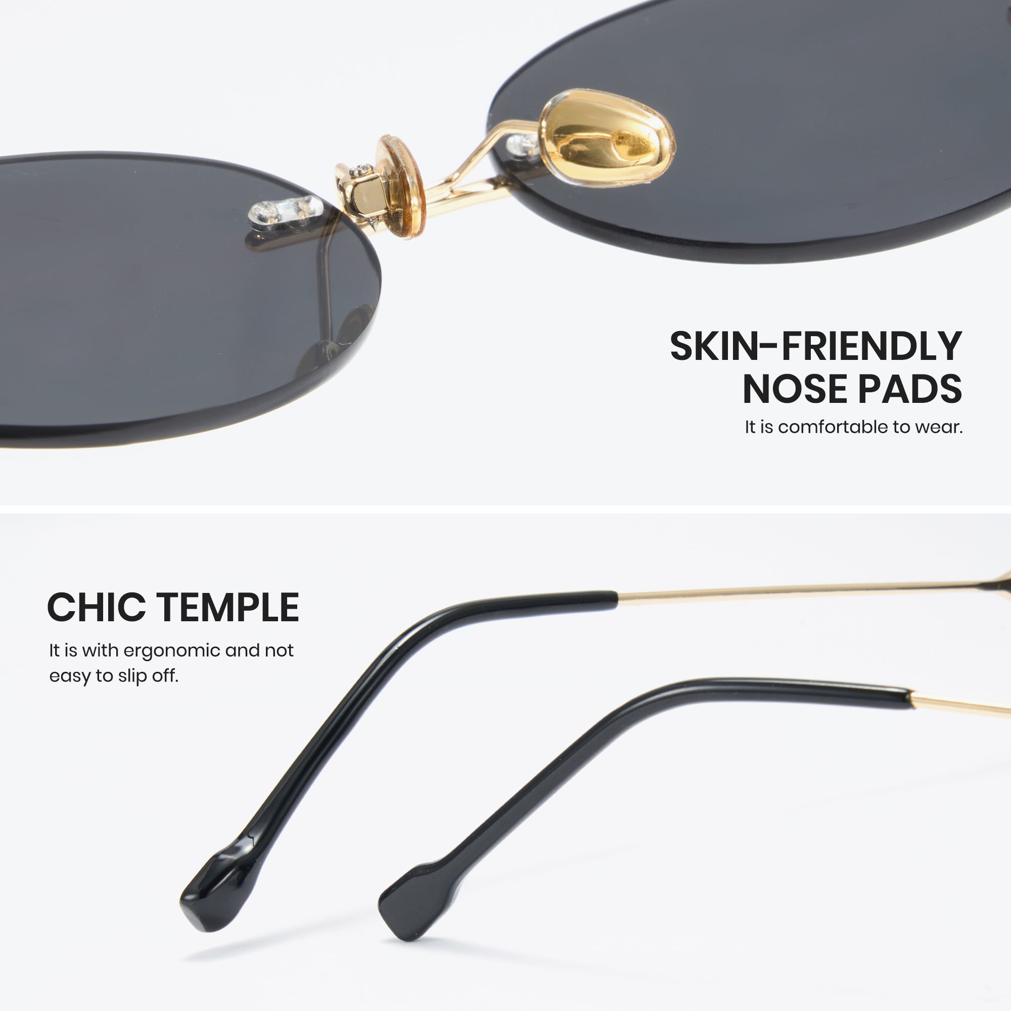 Sunglasses with skin-friendly nose pads and chic temple design on a white background