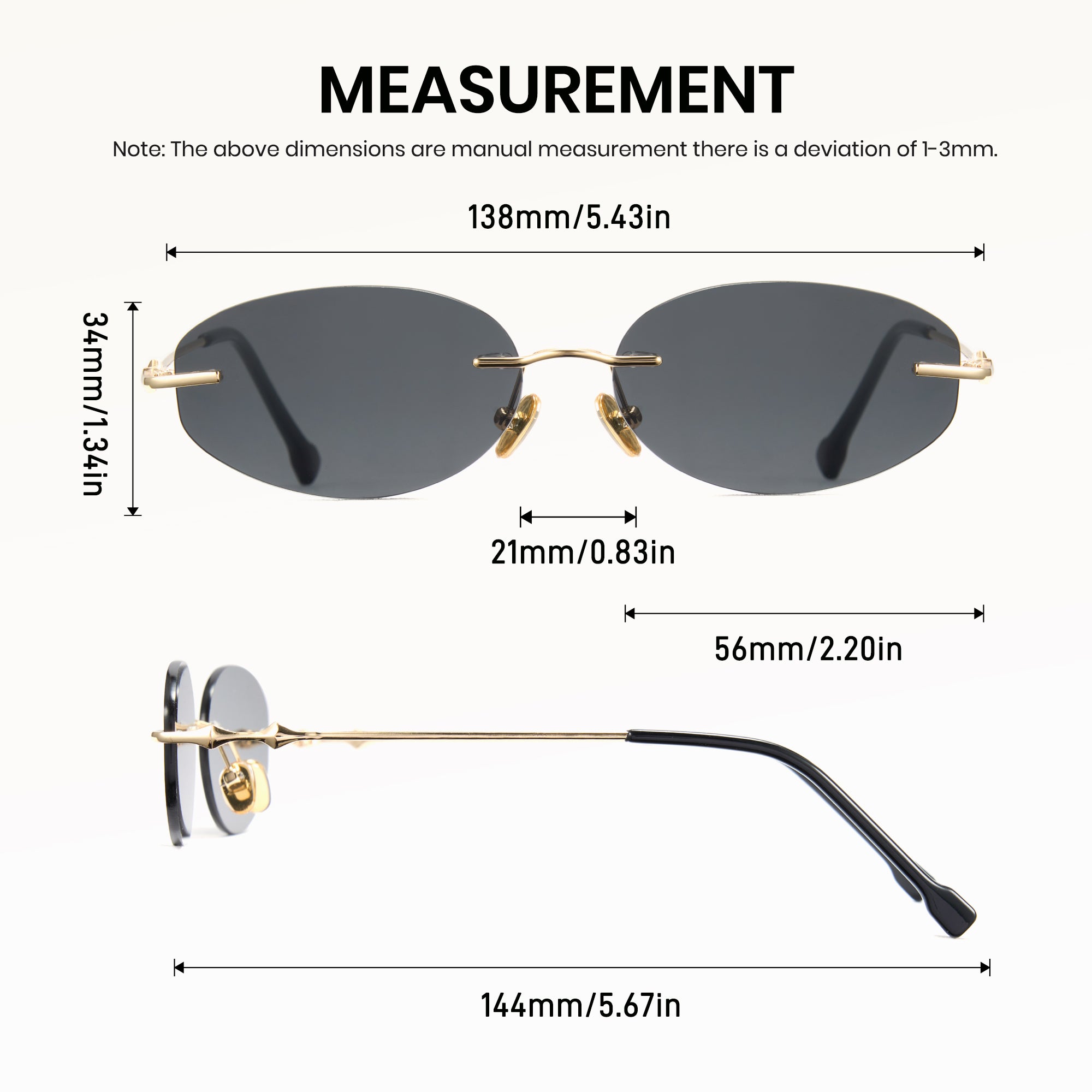 Measurement chart of rimless sunglasses with dimensions on a white background