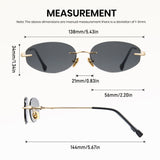 Measurement chart of rimless sunglasses with dimensions on a white background
