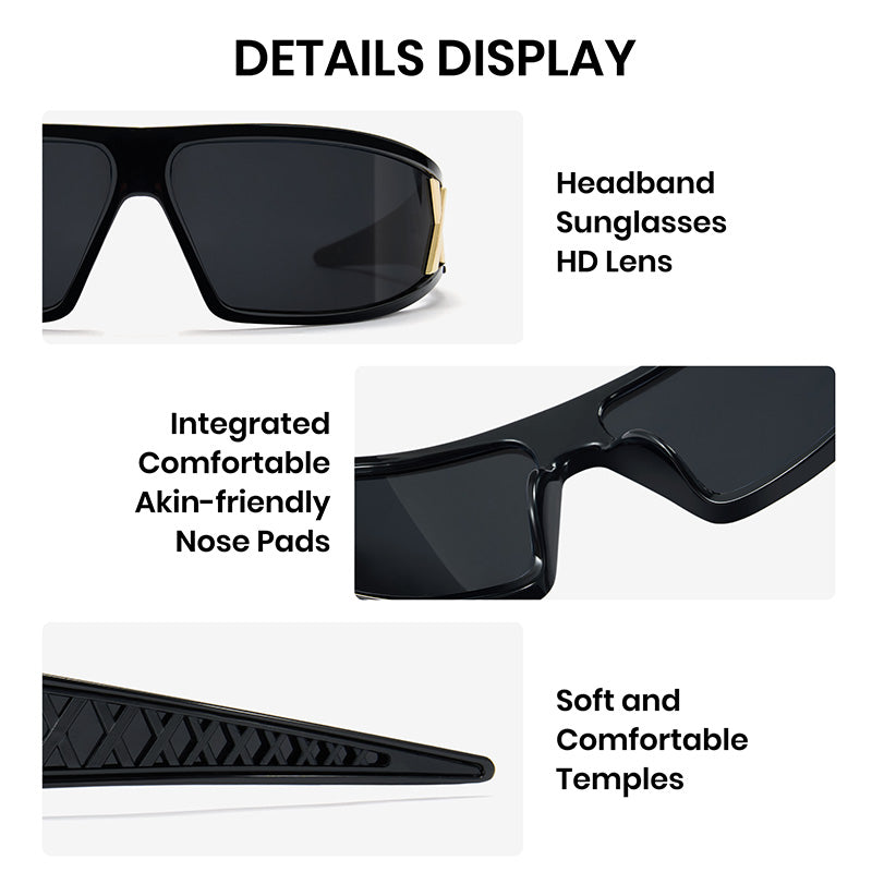 Black sunglasses with features highlighted on a white background