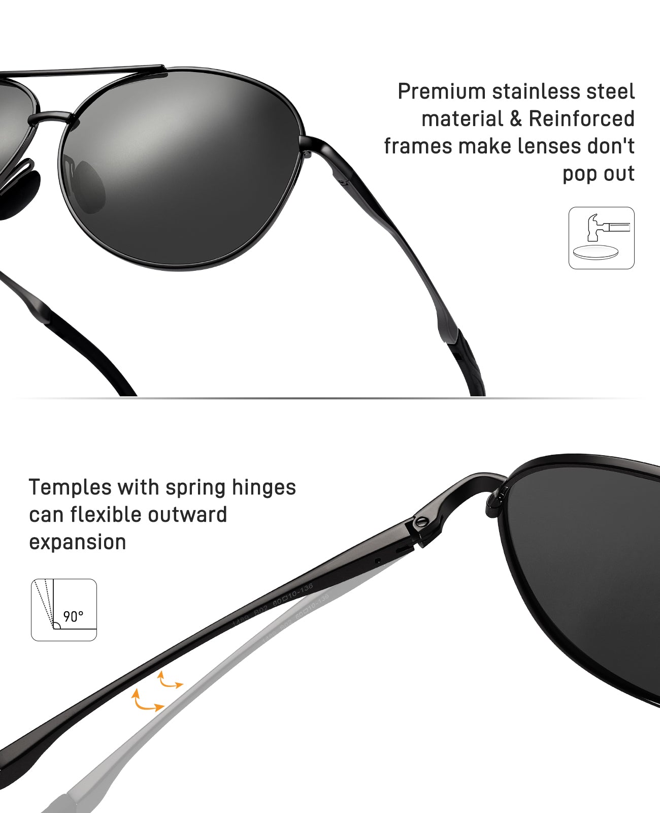 Black 1489 polarized sunglasses with text highlighting features on a white background