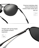 Black 1489 polarized sunglasses with text highlighting features on a white background