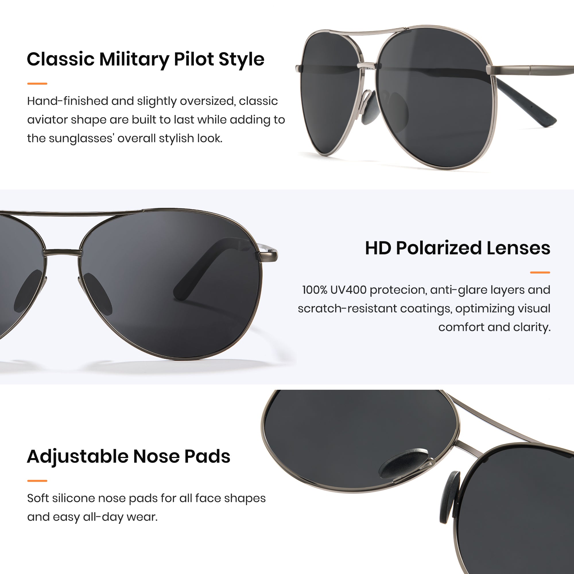 1489 Polarized Sunglasses with military pilot style, HD polarized lenses, and adjustable nose pads on a white background.