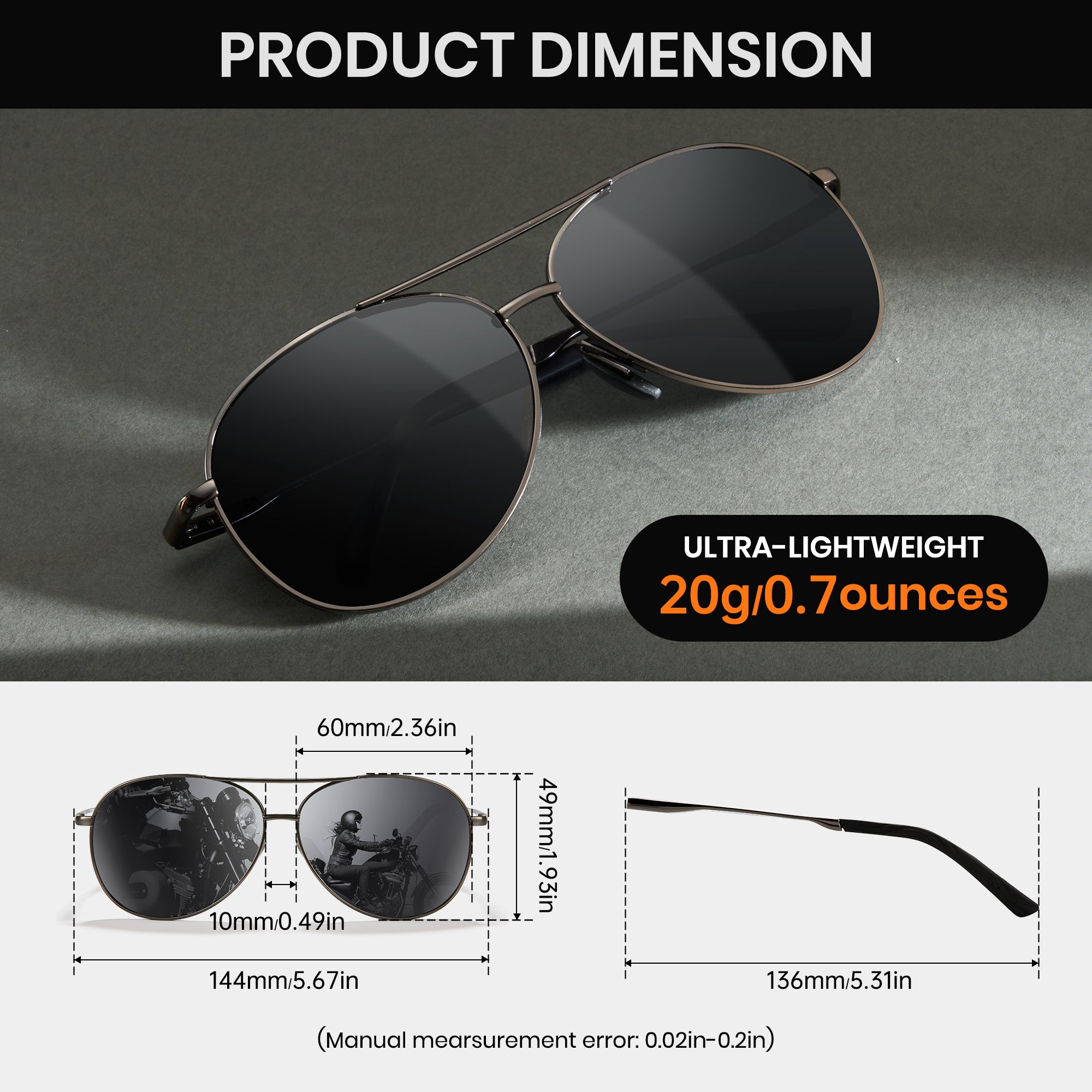 Aviator sunglasses with dimensions and weight information on a gray background