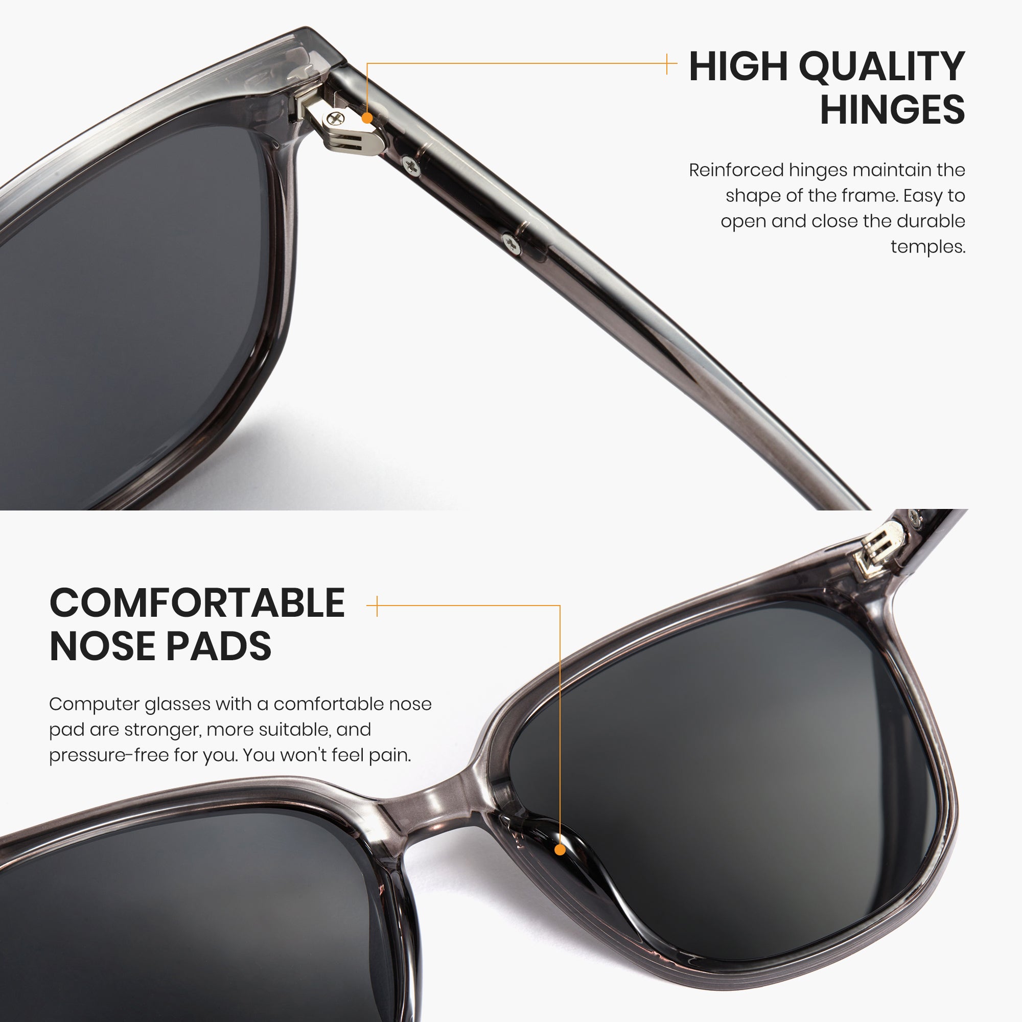 Sunglasses with highlighted features on a white background