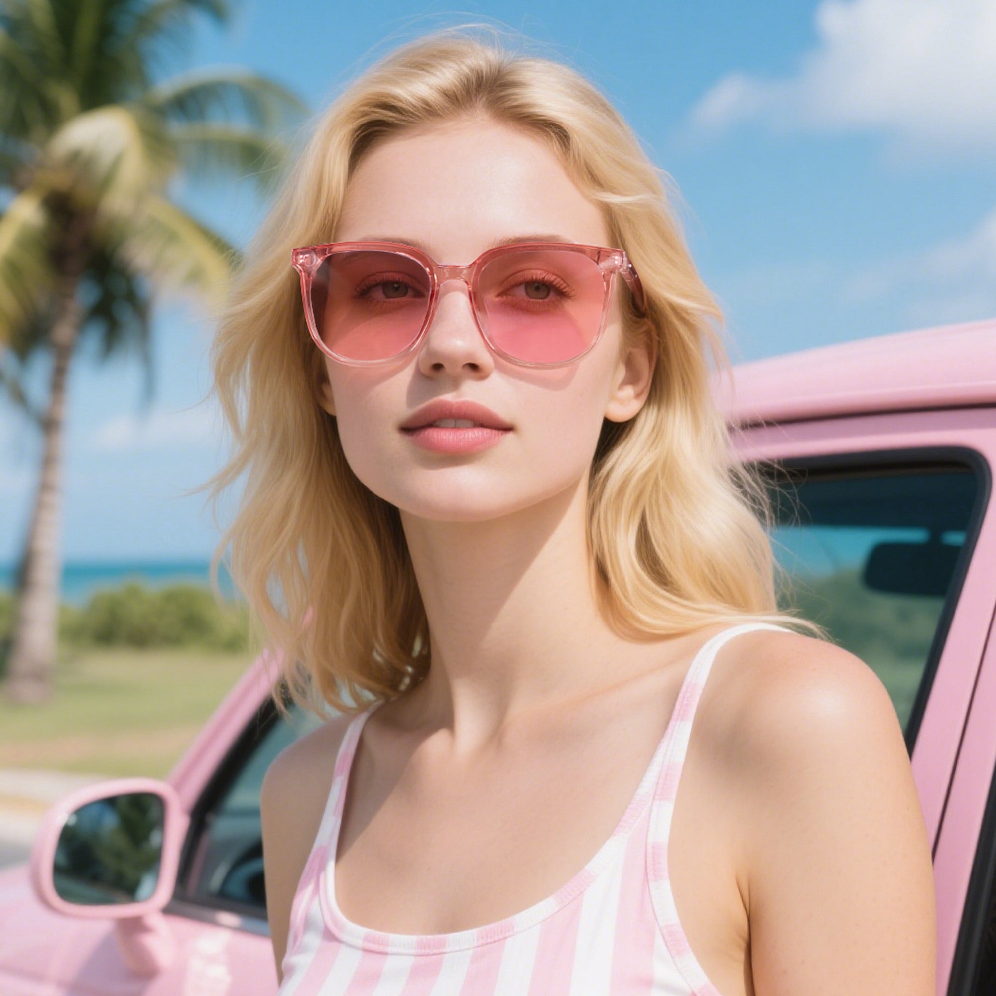 Woman wearing pink sunglasses and a striped tank top in front of a pink car with palm trees and blue sky in the background.
