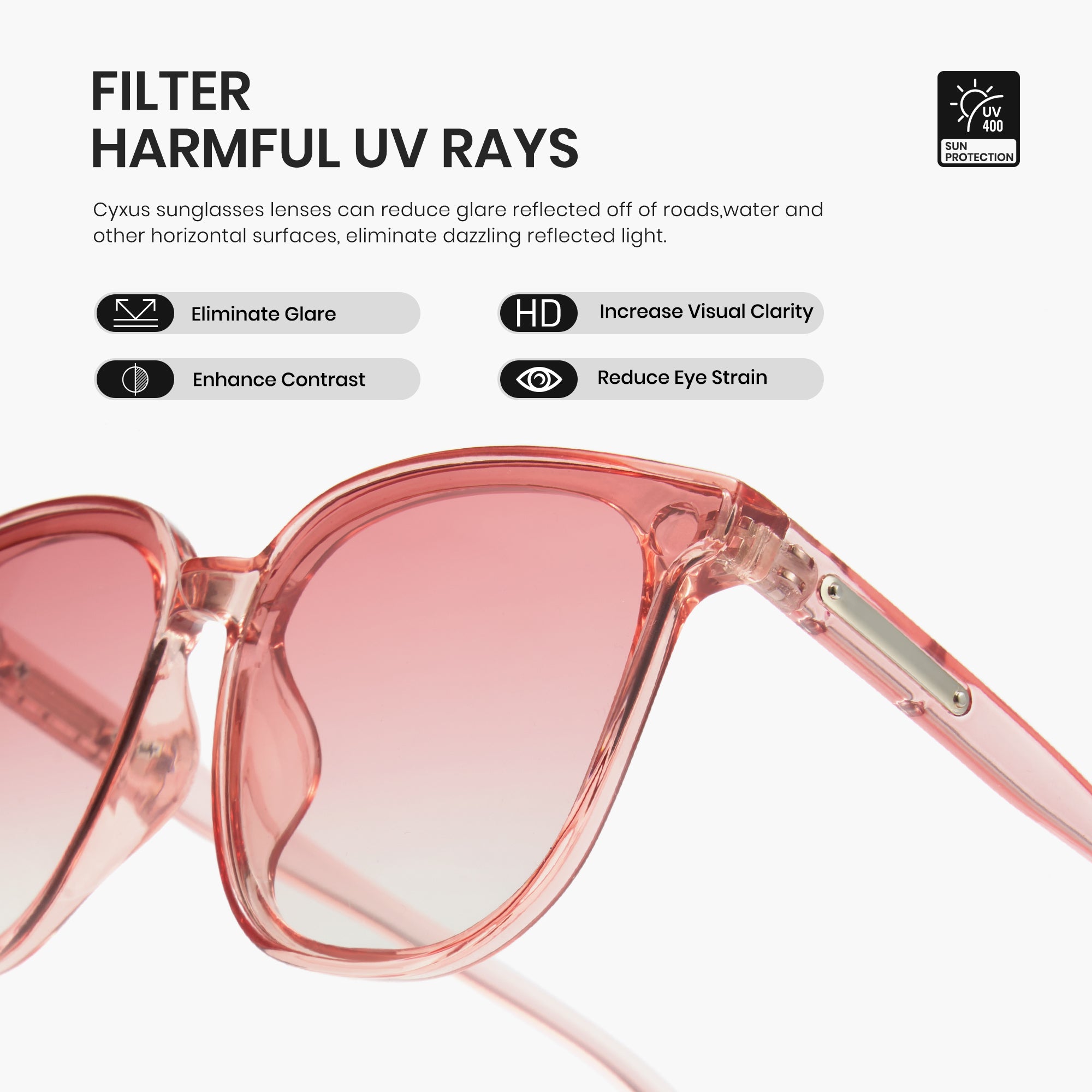 Pink sunglasses with text about filtering harmful UV rays on a white background