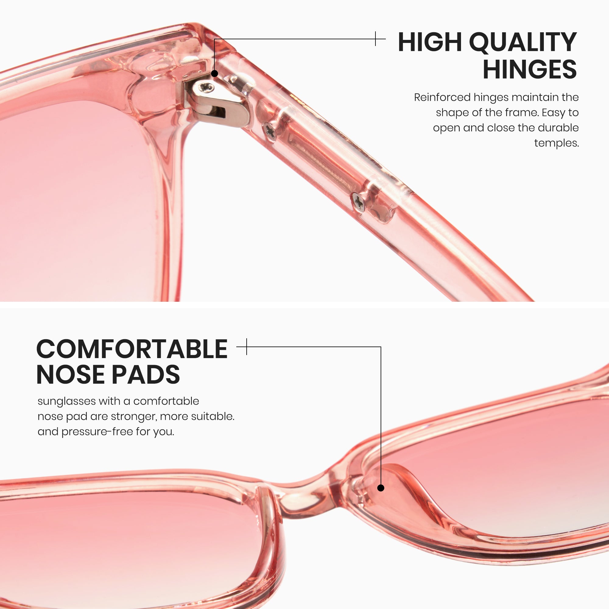 Close-up of pink sunglasses with text highlighting high-quality hinges and comfortable nose pads.