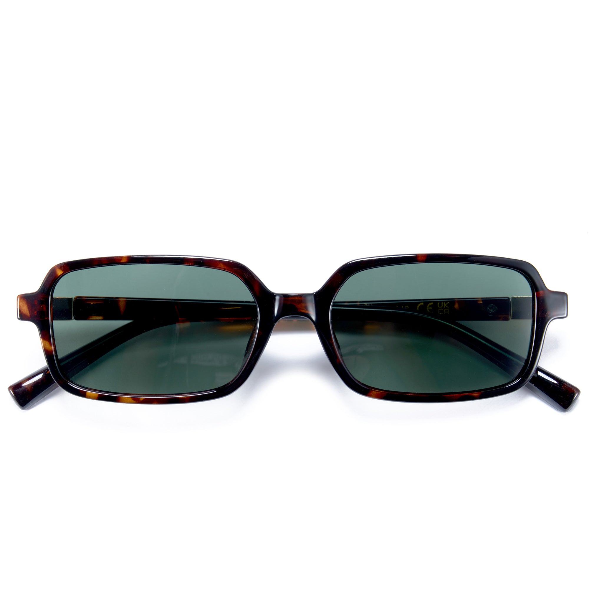 Sunglasses with tortoiseshell frame and dark lenses on a white background