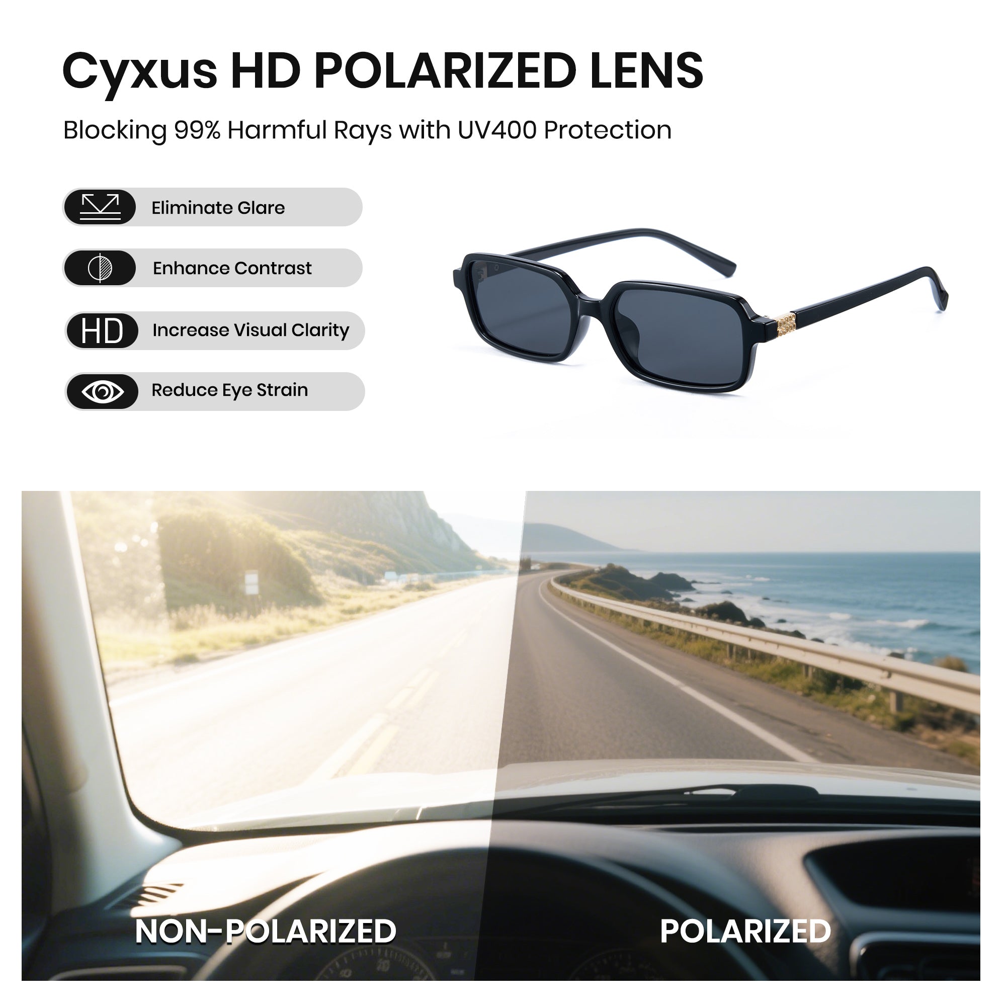 Cyxus HD polarized lens sunglasses with a scenic road view through a car window.