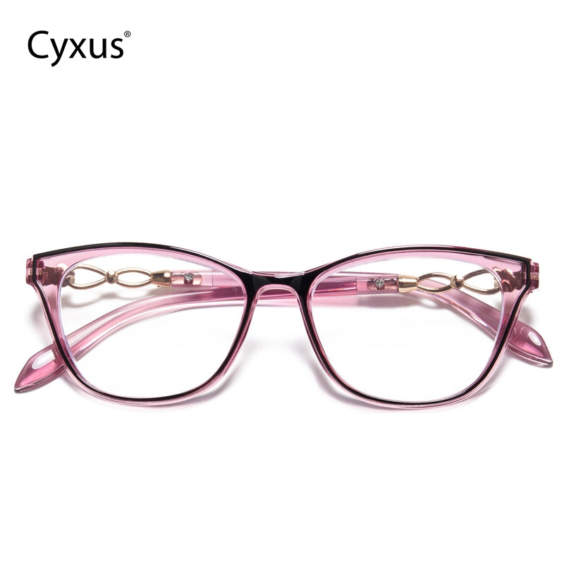 Pink cat-eye glasses with gold accents on a white background, branded 'Cyxus'.