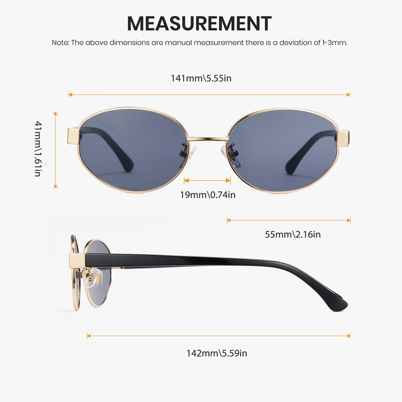 Sunglasses with dimensions labeled on a white background