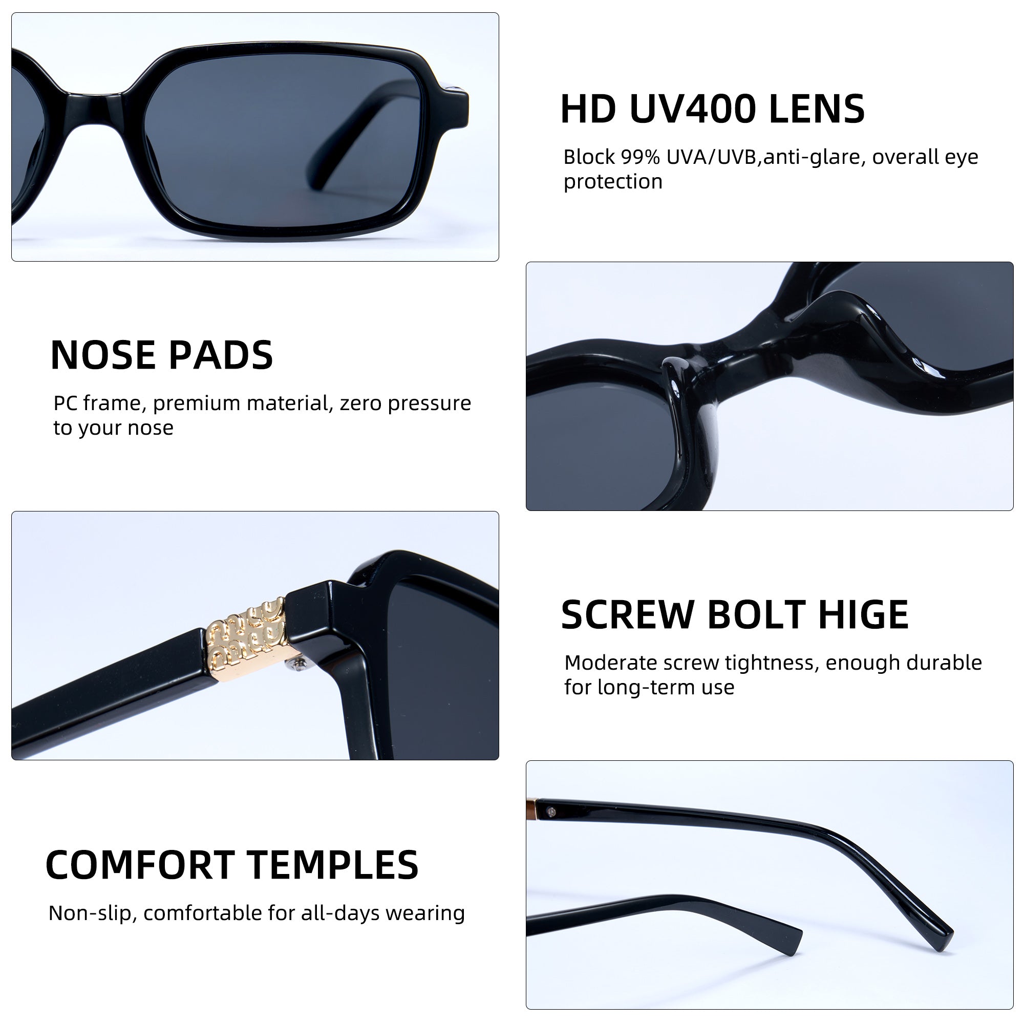 Black sunglasses with features highlighted on a white background