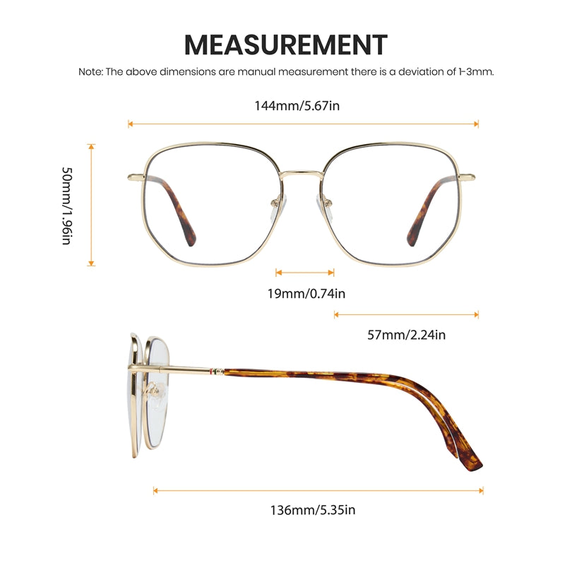 Measurement chart of eyeglasses with dimensions labeled on a white background