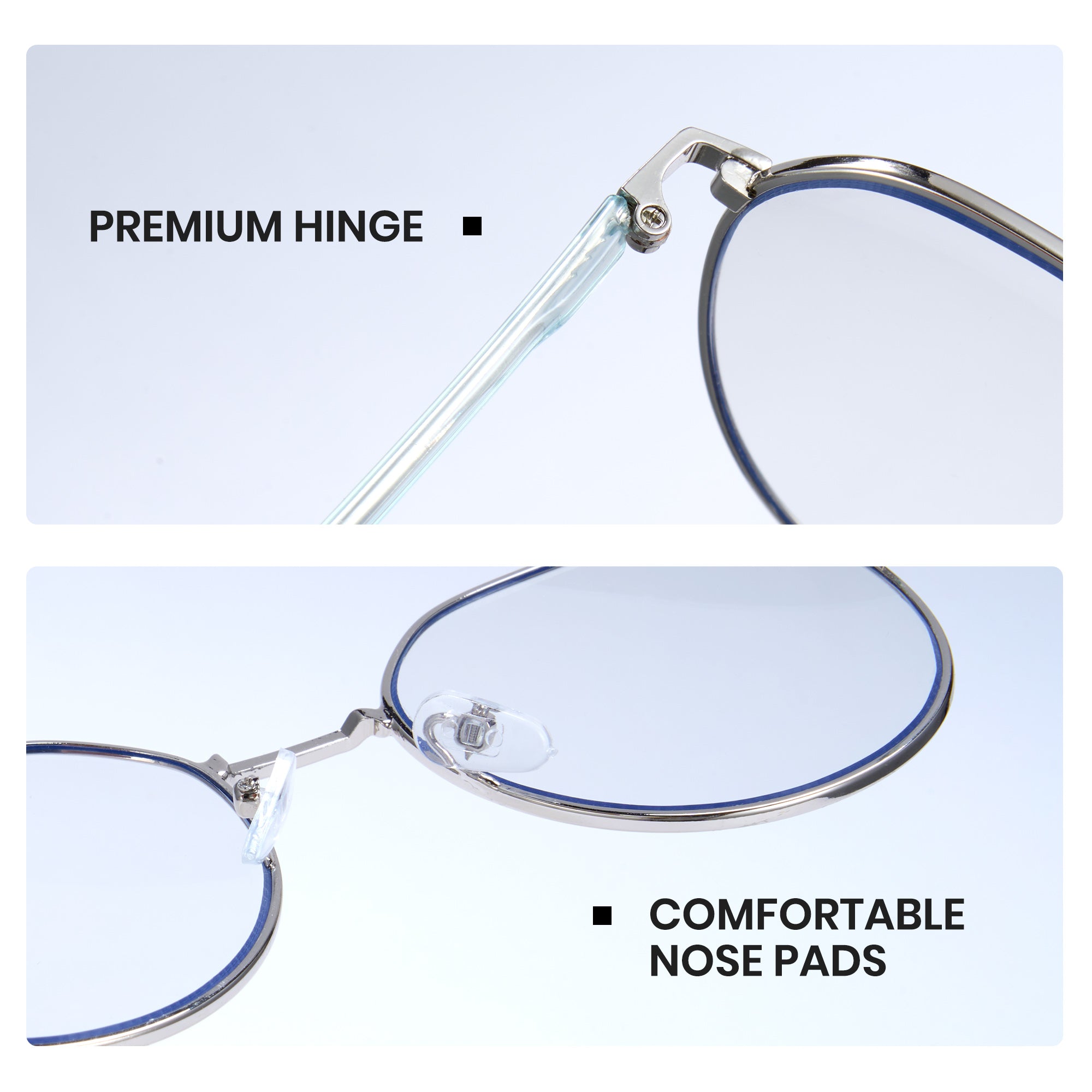 Close-up of eyeglasses with highlighted premium hinge and comfortable nose pads on a light blue background.