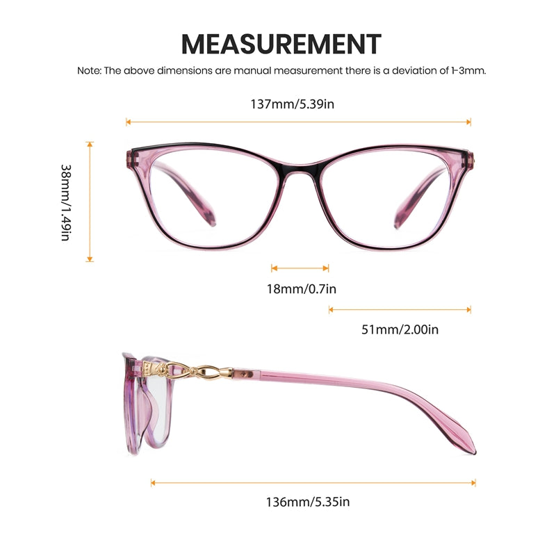 Measurement chart of a pair of glasses with dimensions labeled.