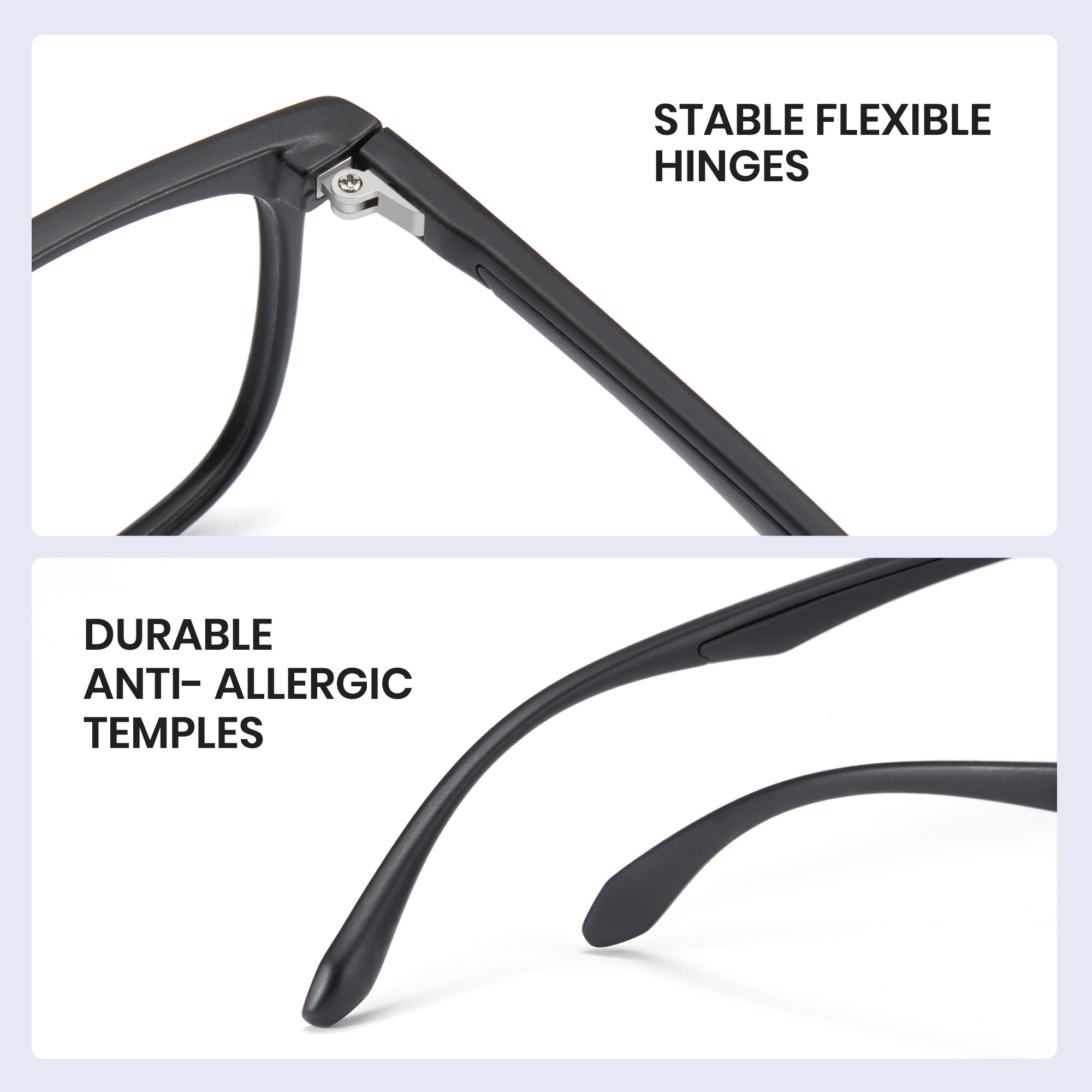 Close-up of eyeglass frame highlighting stable flexible hinges and durable anti-allergic temples.
