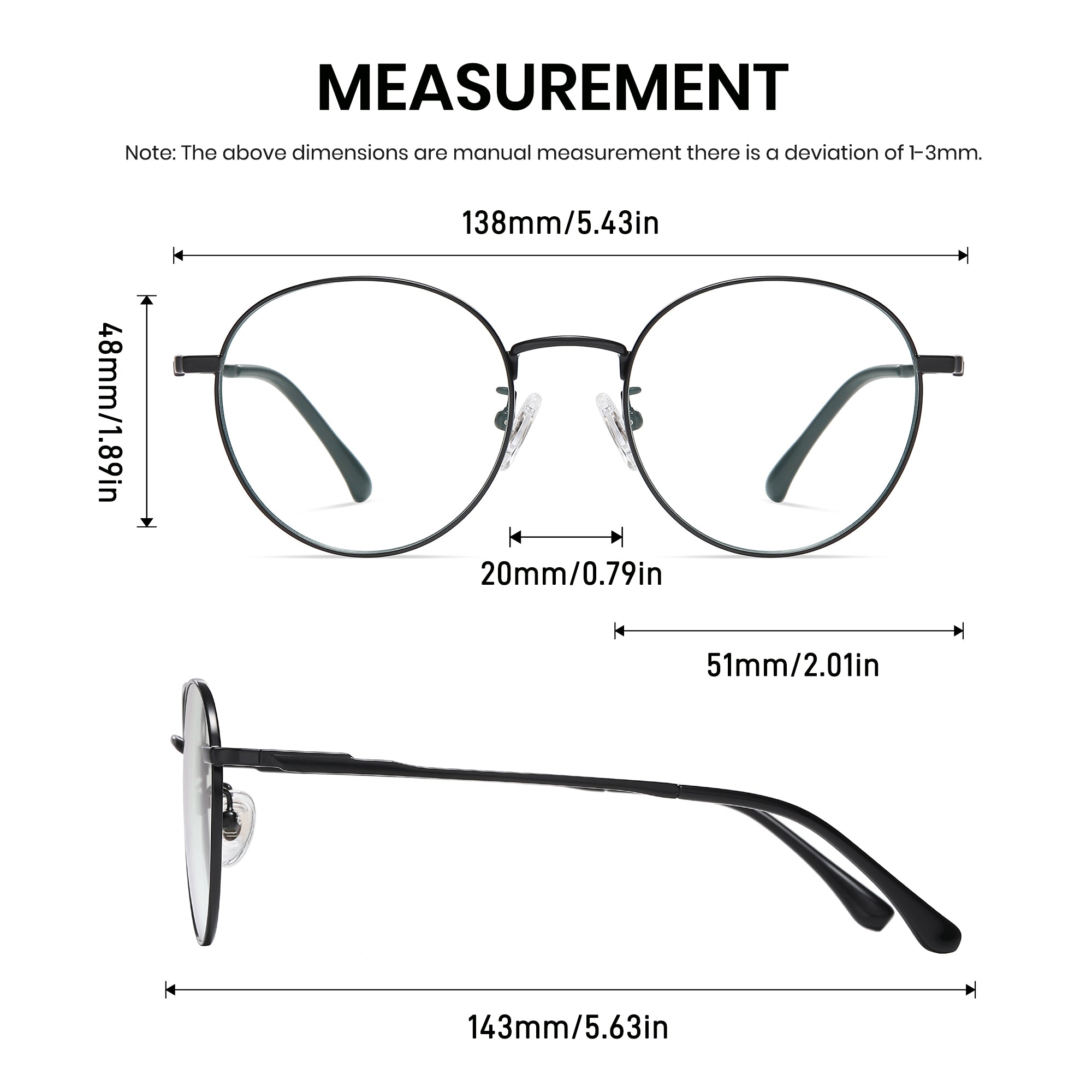Measurement chart of round eyeglasses with dimensions on a white background