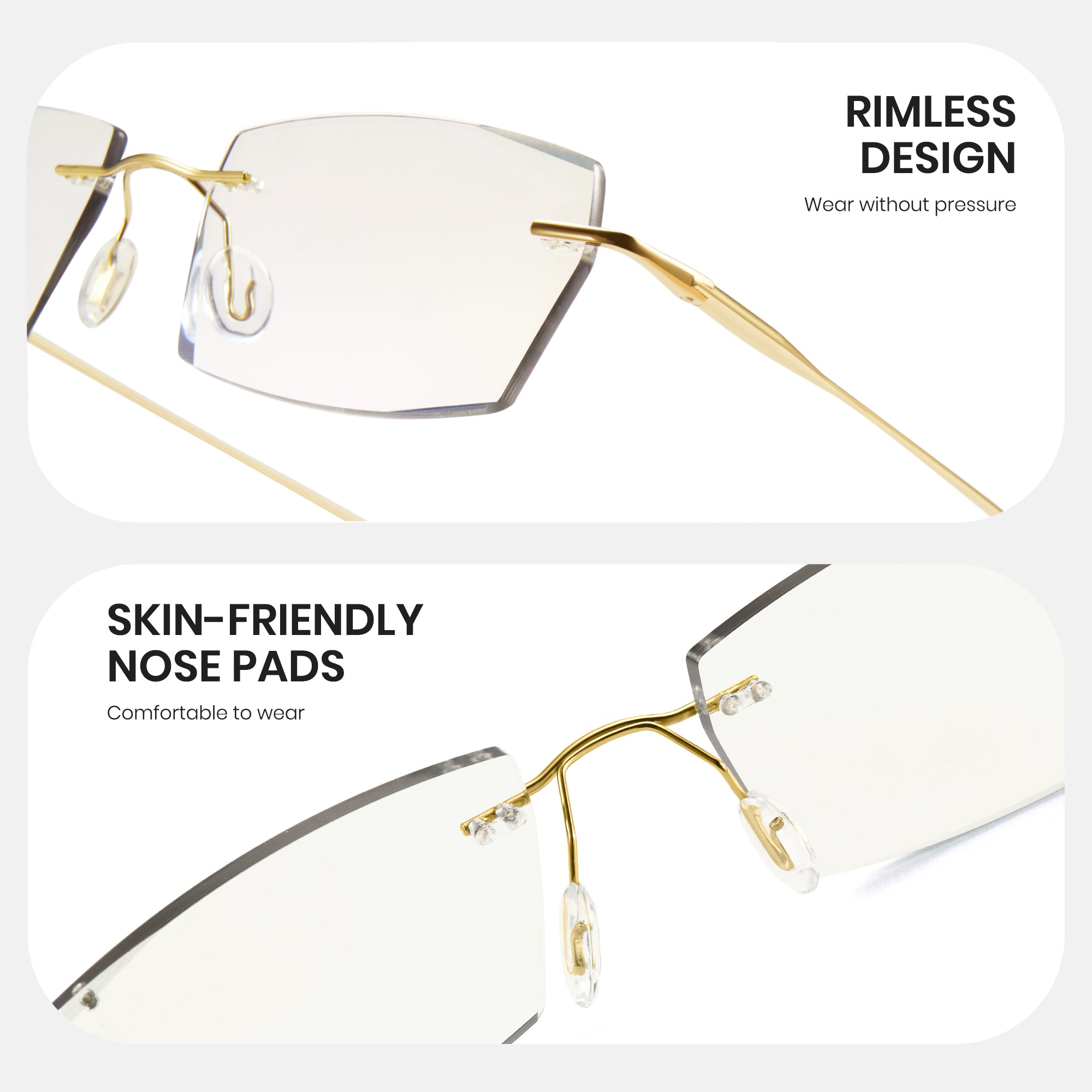 Rimless eyeglasses with gold frames on a white background, highlighting 'rimless design' and 'skin-friendly nose pads'.