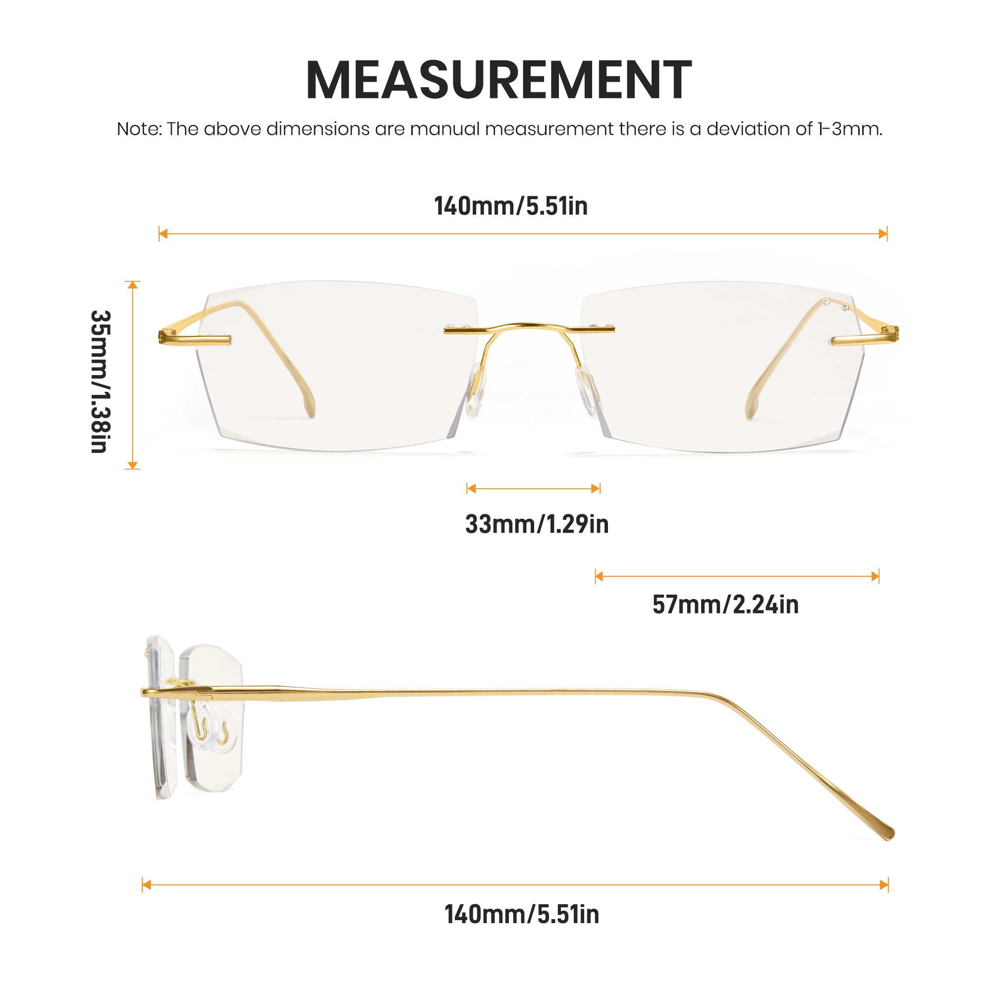 Gold rimless eyeglasses with measurements on a white background