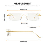 Gold rimless eyeglasses with measurements on a white background