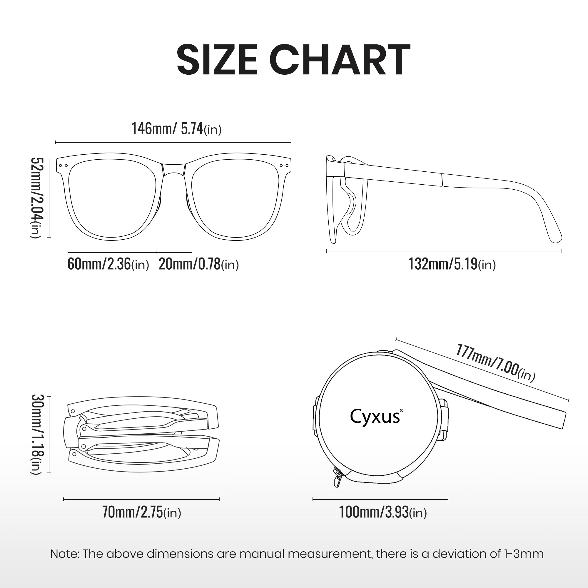 Folding anti-blue light TR 90 glasses size chart
