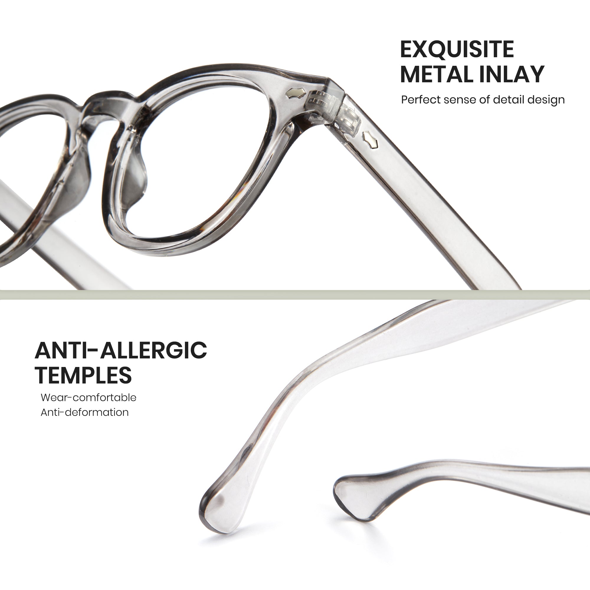 EXQUISITEMETAL INLAY:Perfect sense of detail design.ANTI-ALLERGIC.TEMPLES:wear-comfortable Anti-deformation