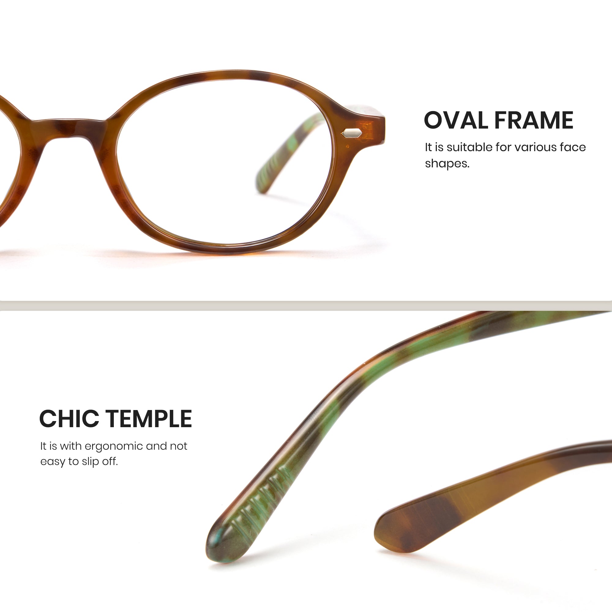 Brown oval frame glasses with text on a white background