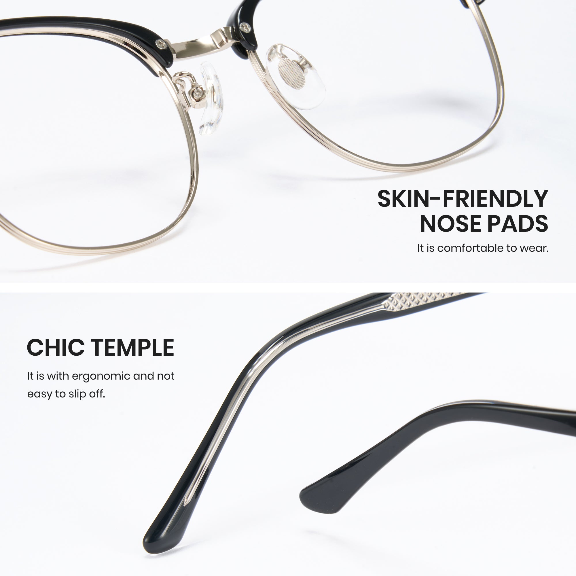 Eyeglasses with skin-friendly nose pads and chic temple design on a white background