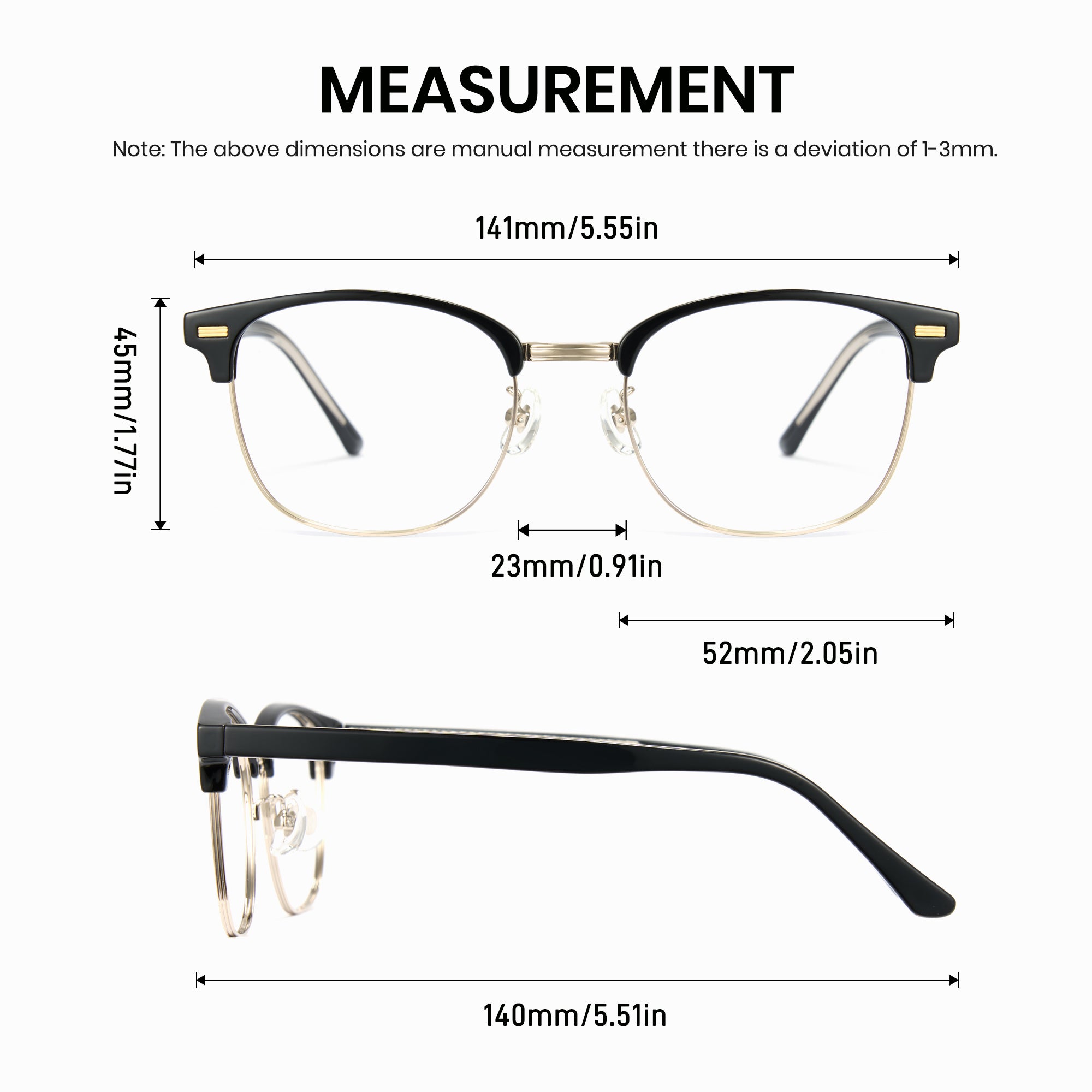 Measurement chart of a pair of eyeglasses with dimensions labeled.