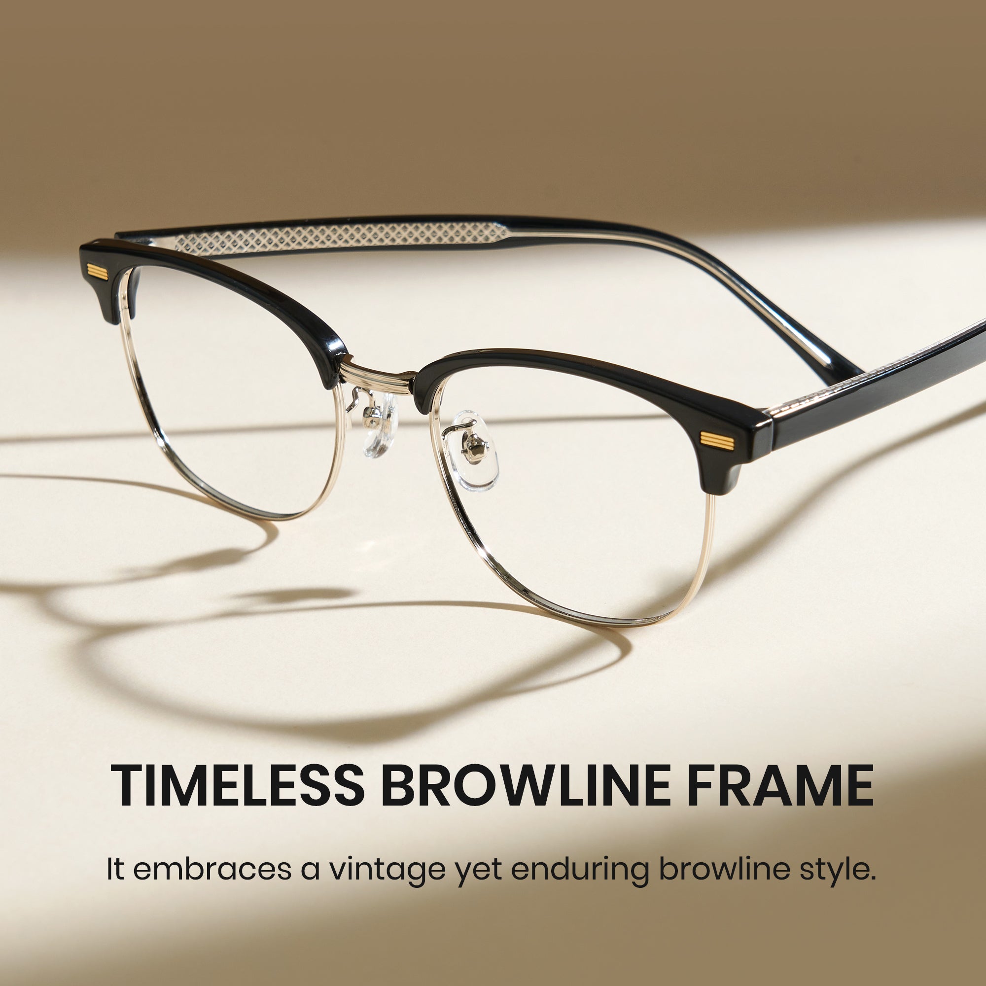 Eyeglasses with a timeless browline frame on a beige background