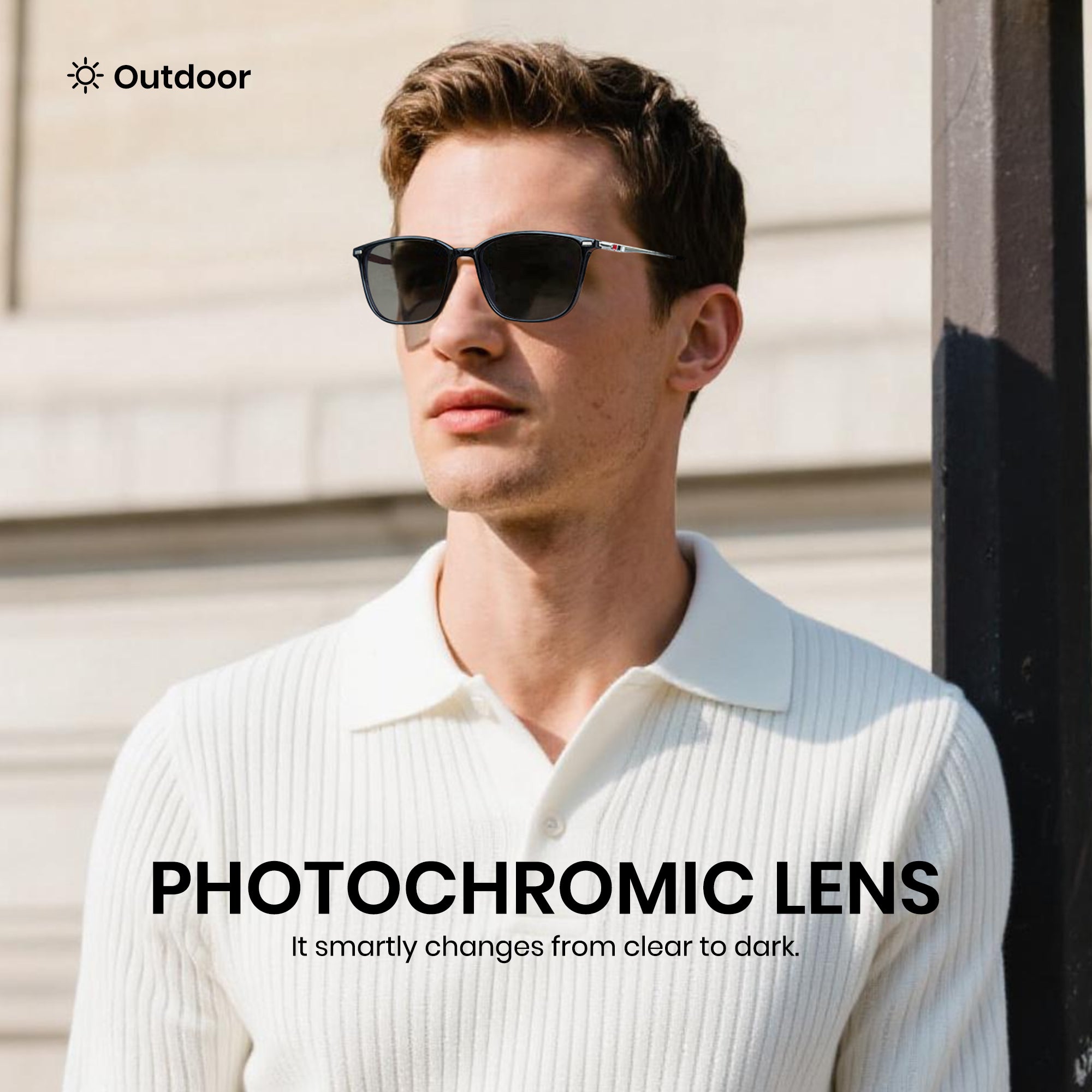 Man wearing sunglasses with photochromic lenses in an outdoor setting