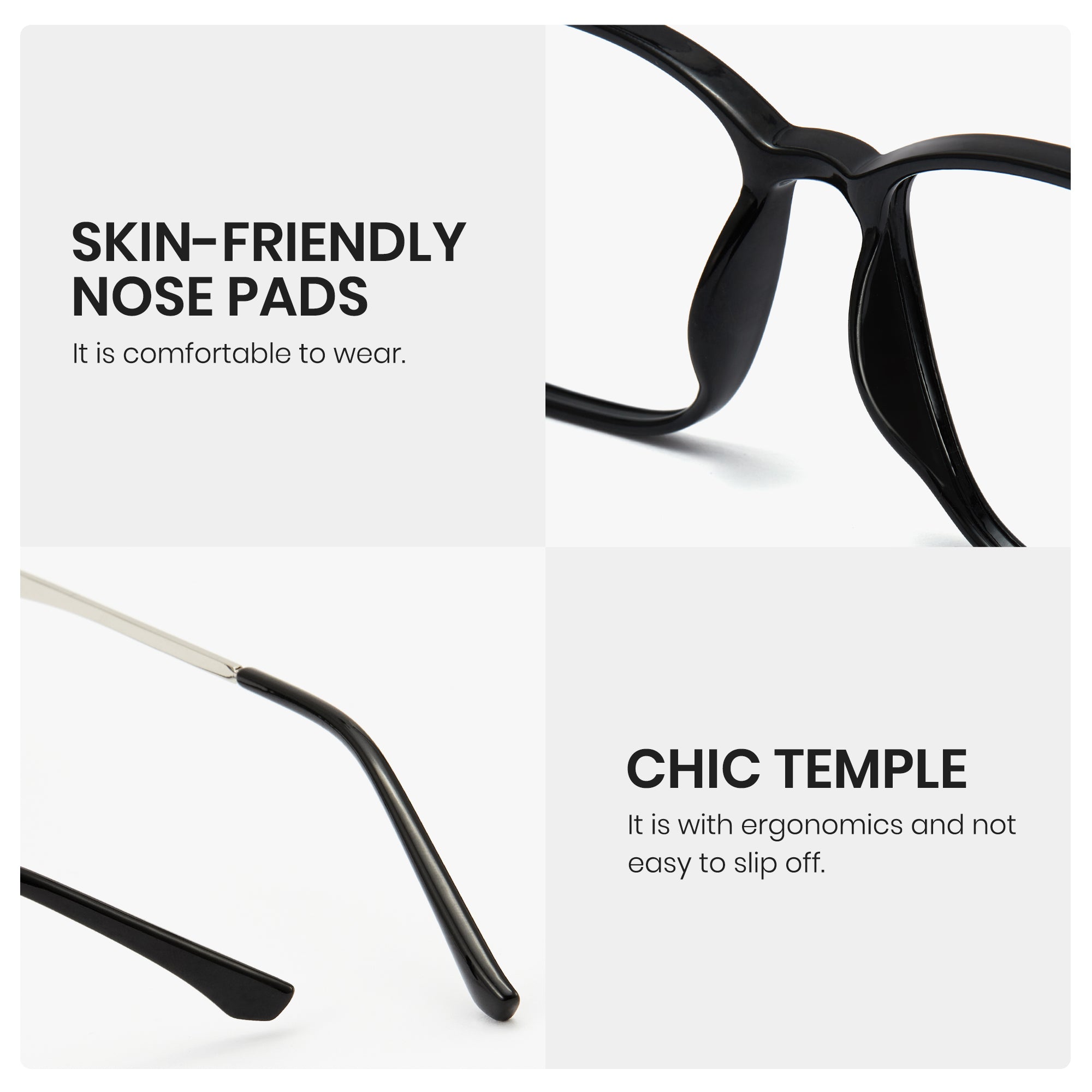 8208 Black Cyxus TR 90 photochromic eyeglasses with text highlighting skin-friendly nose pads and chic temple design on a white background.