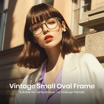 Woman wearing Cyxus glasses 8219 with a vintage small oval frame, standing outdoors.