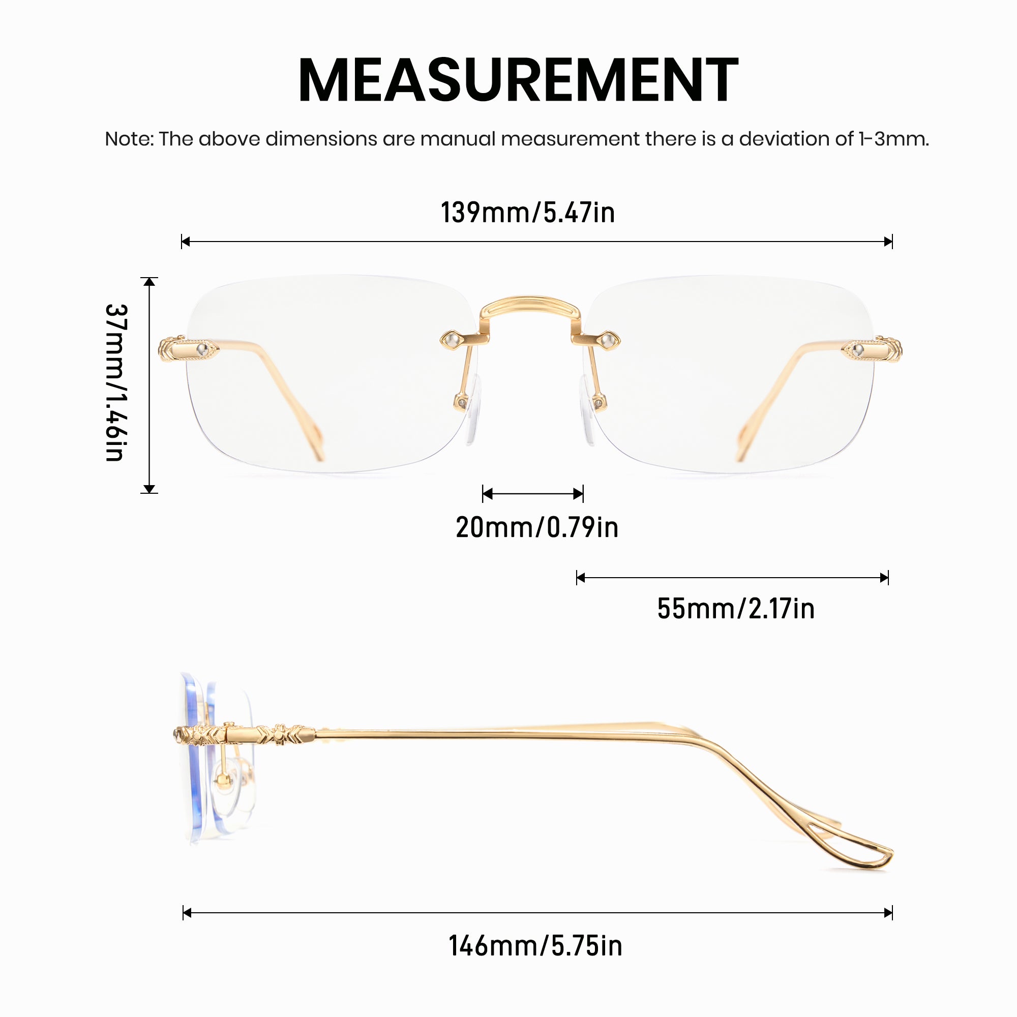Measurement chart of gold-rimmed eyeglasses with dimensions labeled.
