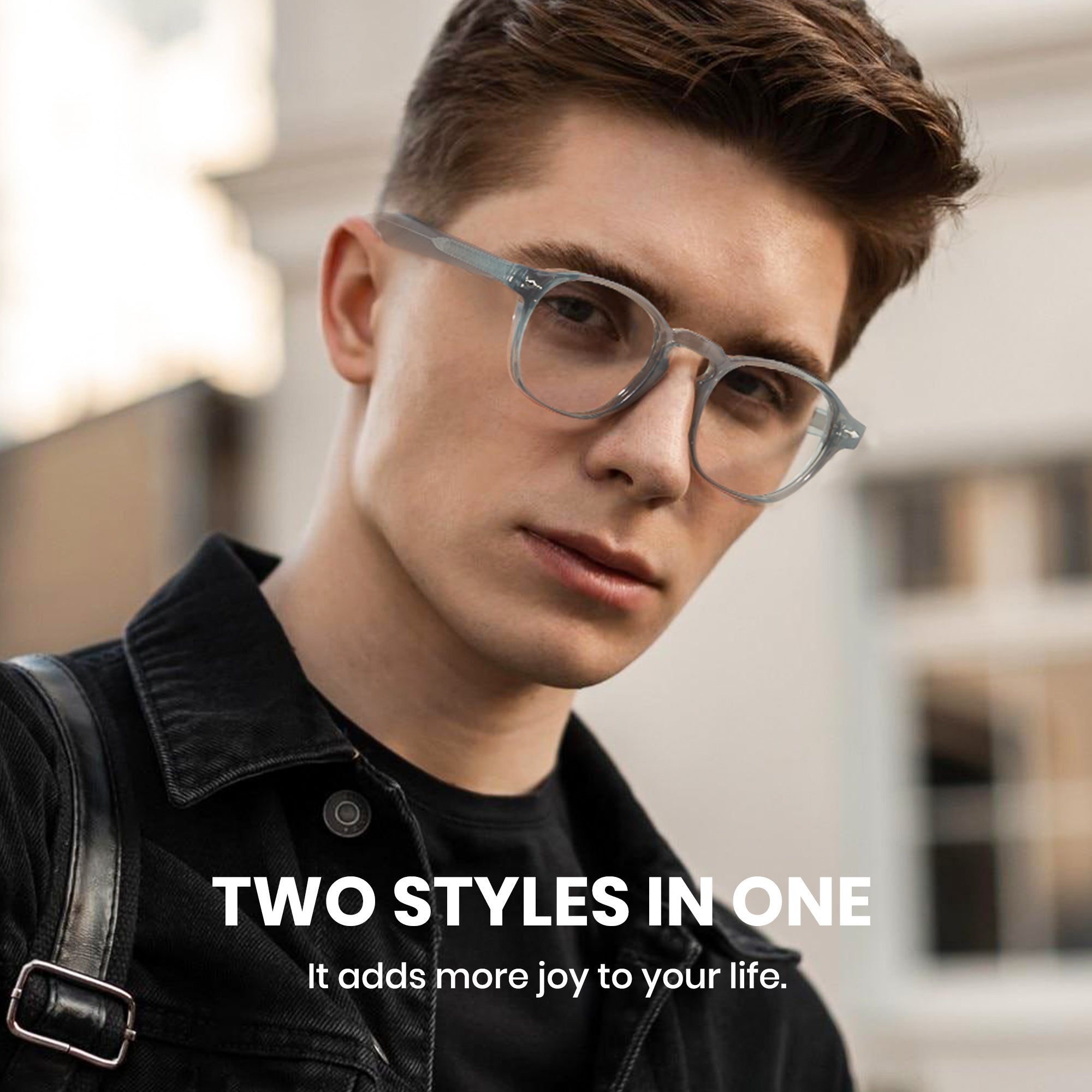 Man wearing Cyxus 8230 glasses with a blurred background and text overlay