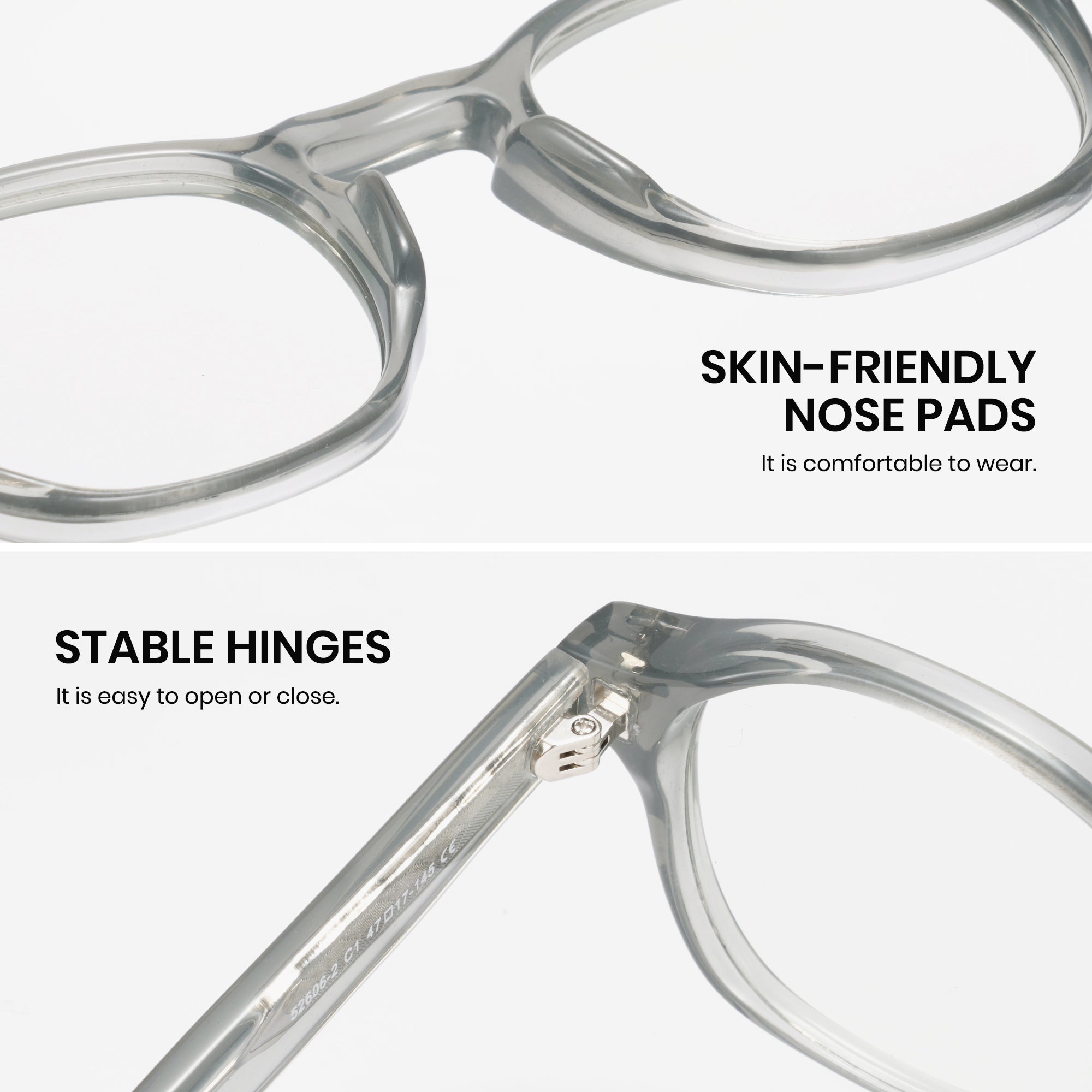 Eyeglasses with text highlighting skin-friendly nose pads and stable hinges on a white background