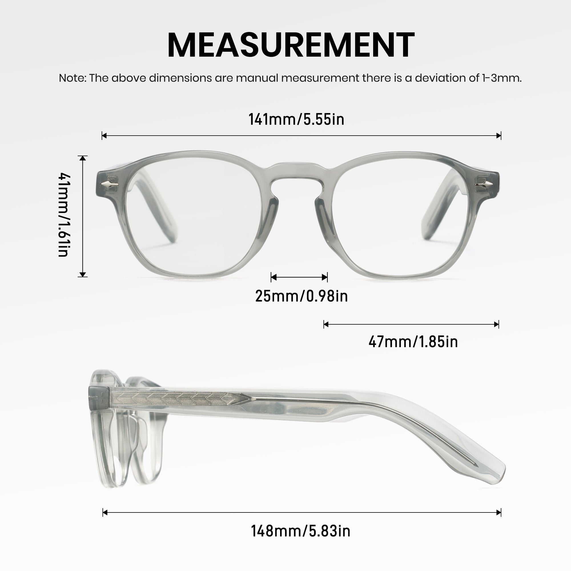 Measurement chart of Cyxus 8230 glasses with dimensions labeled.