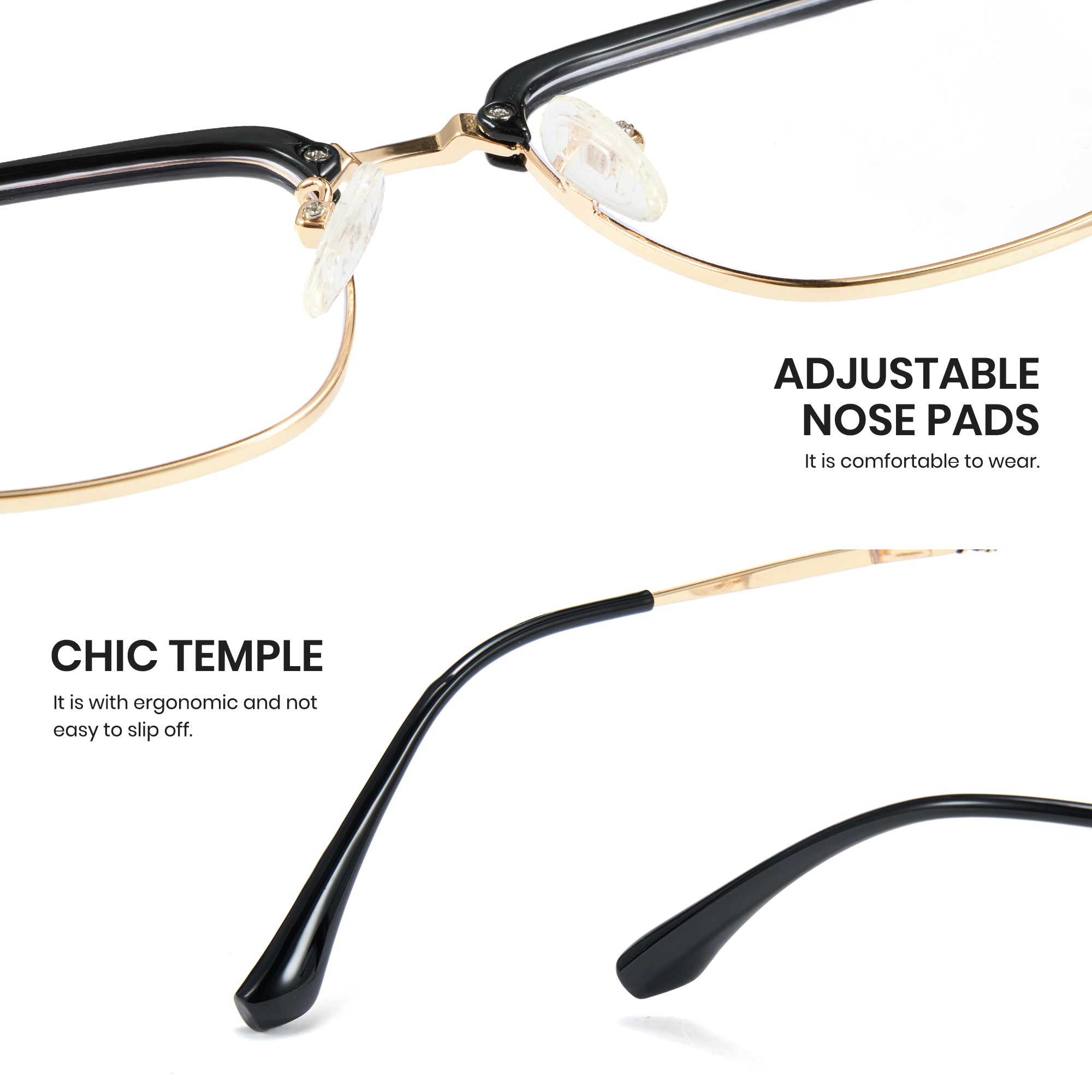 Eyeglasses with adjustable nose pads and chic temple design on a white background